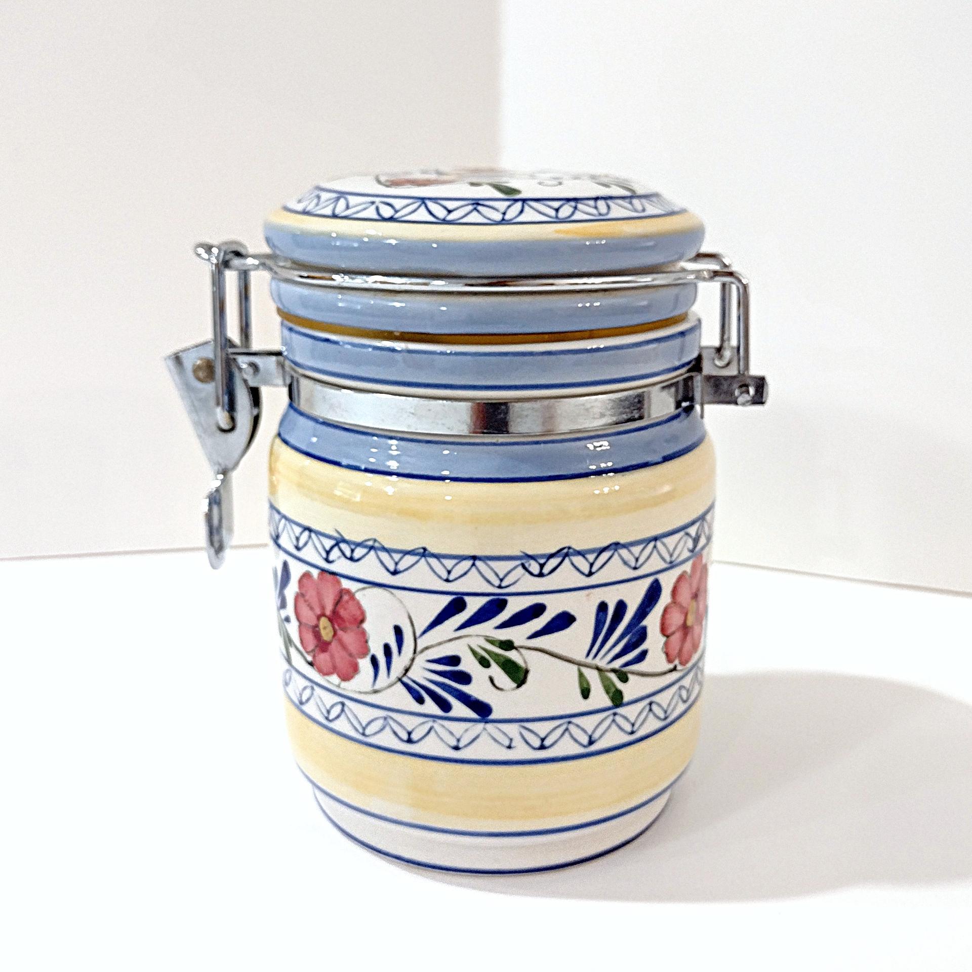 Vintage Floral Ceramic Jar Canister with Metal Wire Clamp Lid