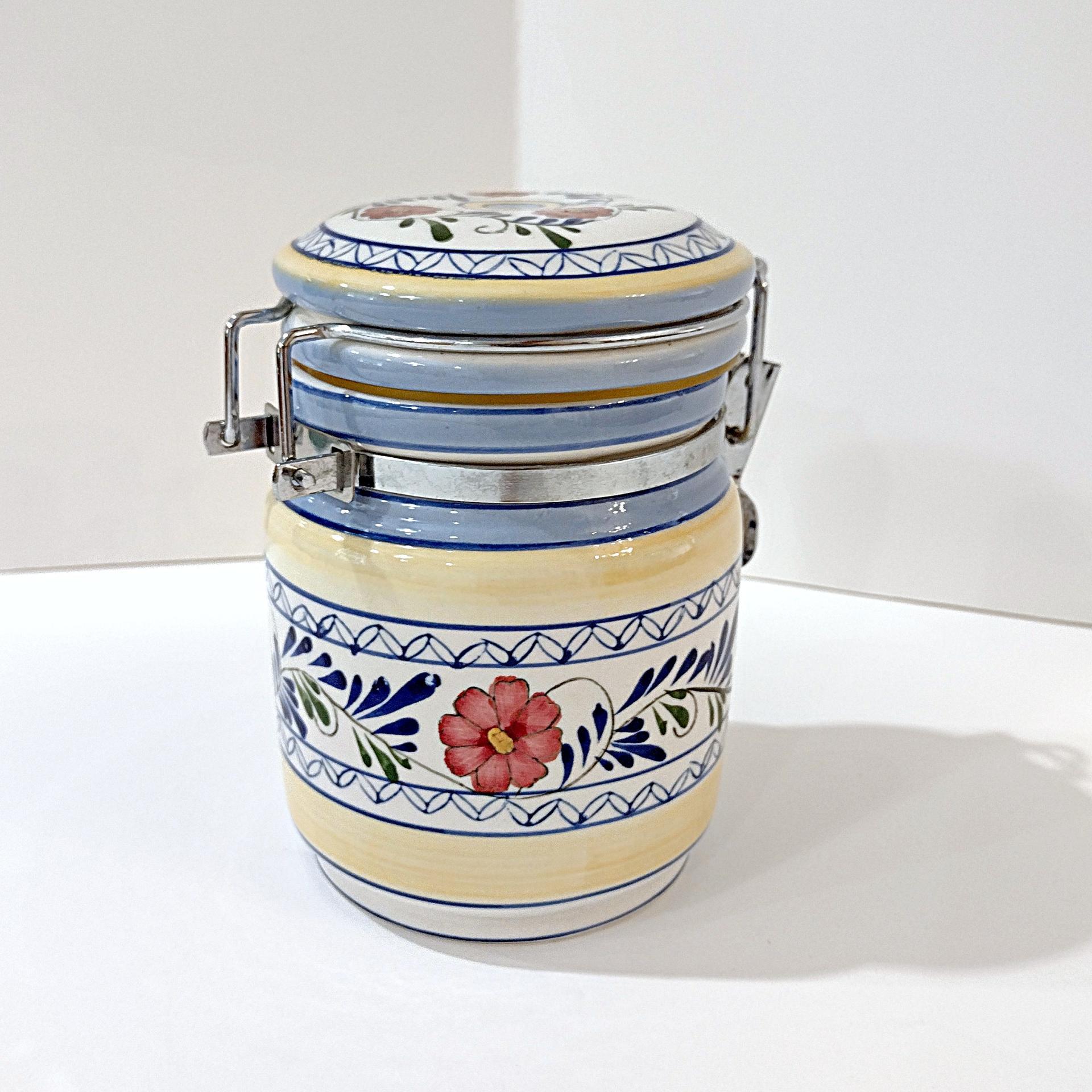 Vintage Floral Ceramic Jar Canister with Metal Wire Clamp Lid