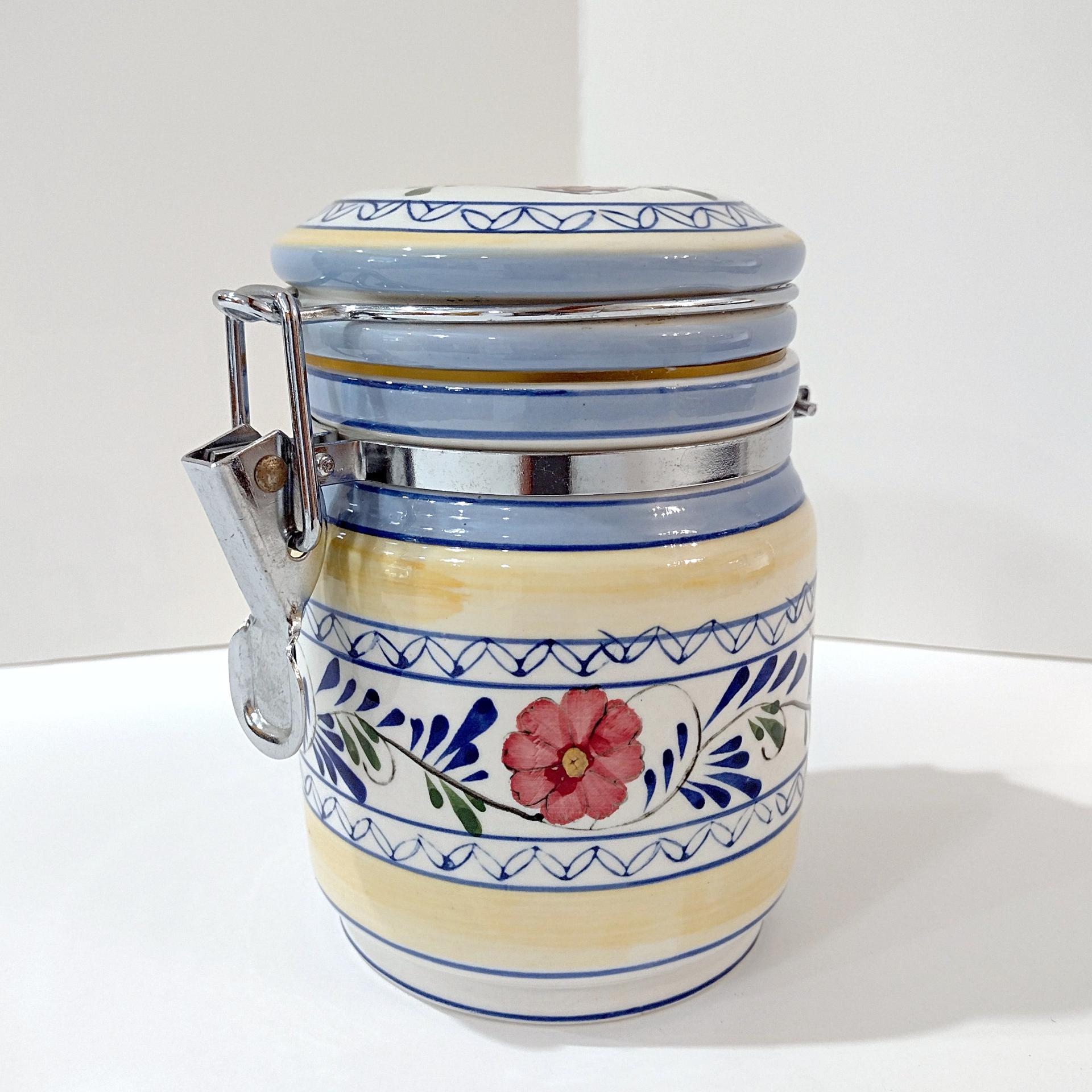 Vintage Floral Ceramic Jar Canister with Metal Wire Clamp Lid