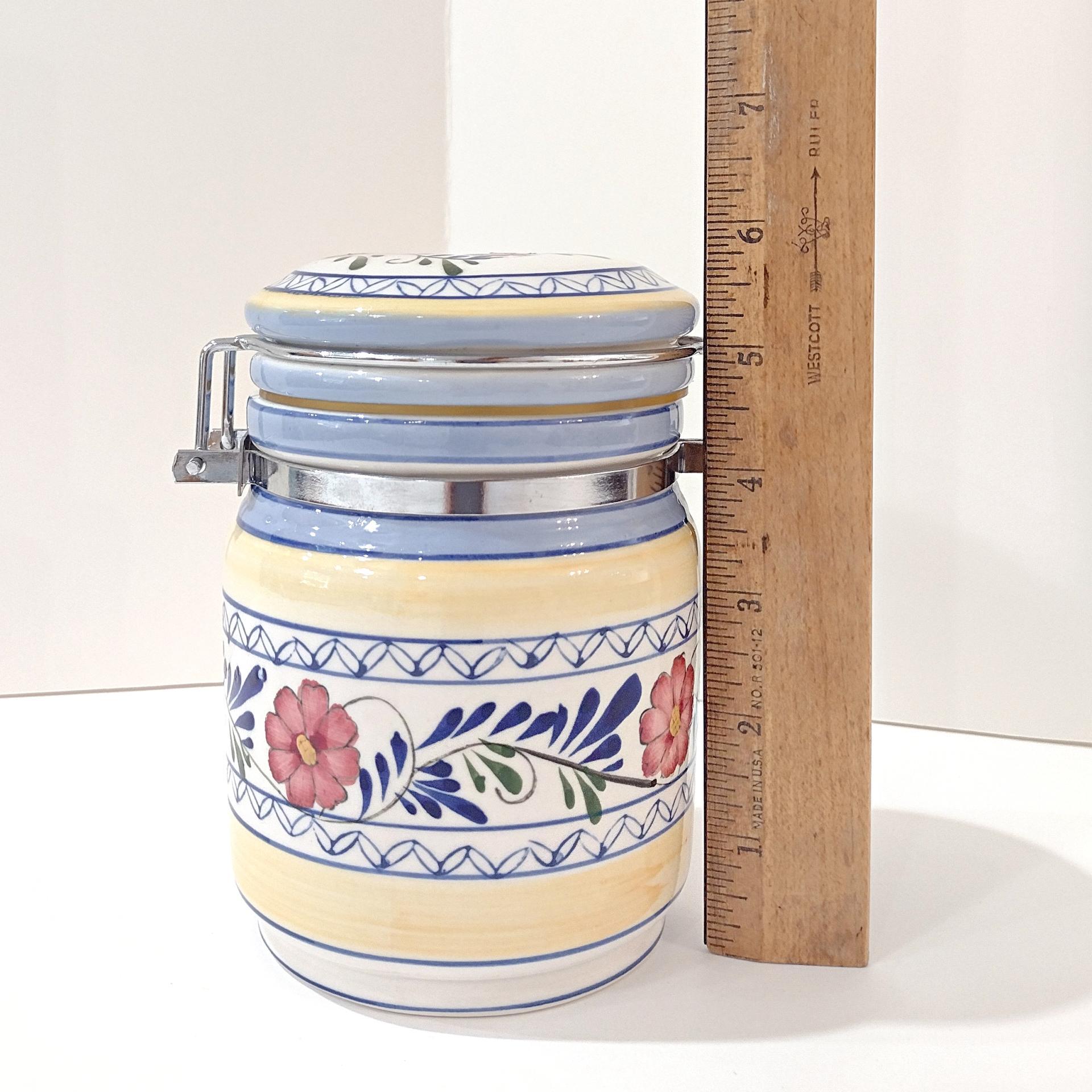 Vintage Floral Ceramic Jar Canister with Metal Wire Clamp Lid