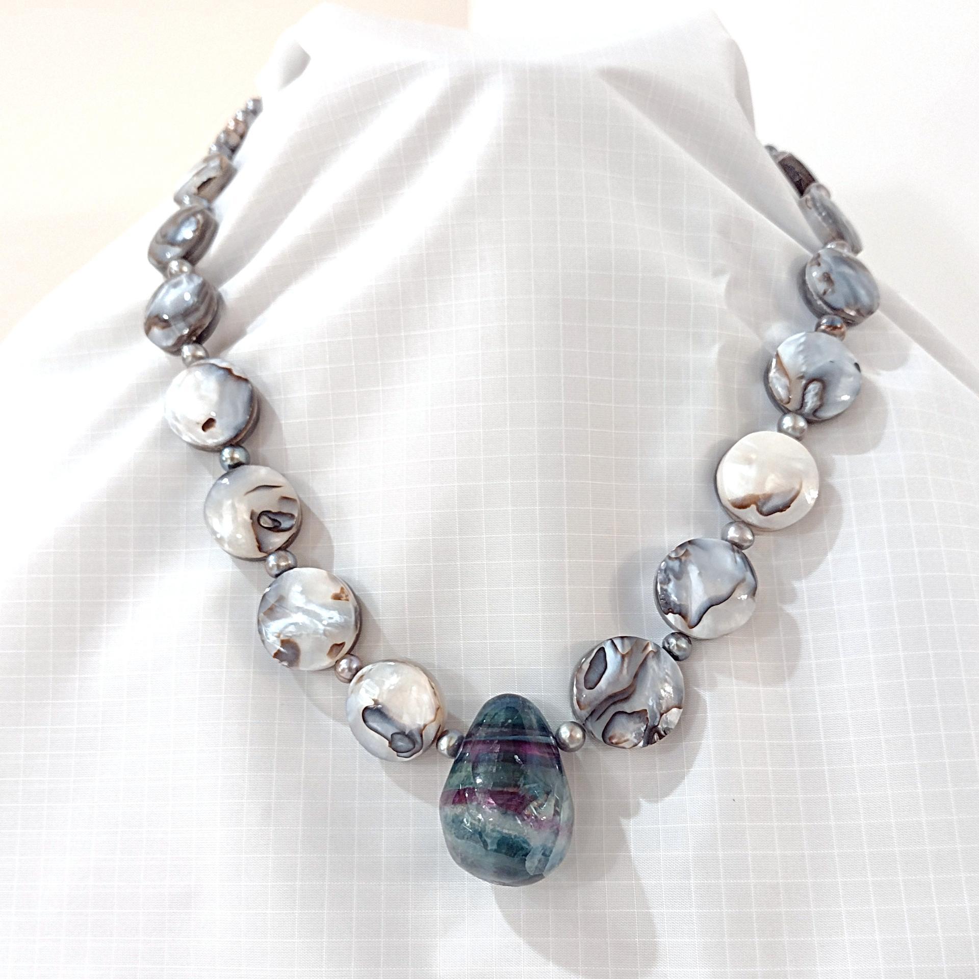 Vintage Rainbow Fluorite and Mother of Pearl Necklace