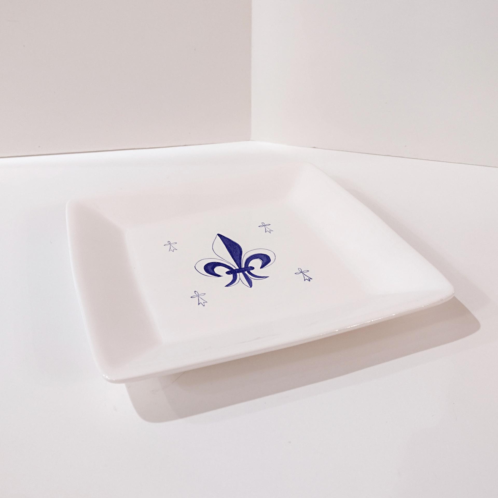 Vintage Fleur de Lis 8 Inch Square Plate, Faiencerie de Pornic Fleur de Lys Plate
