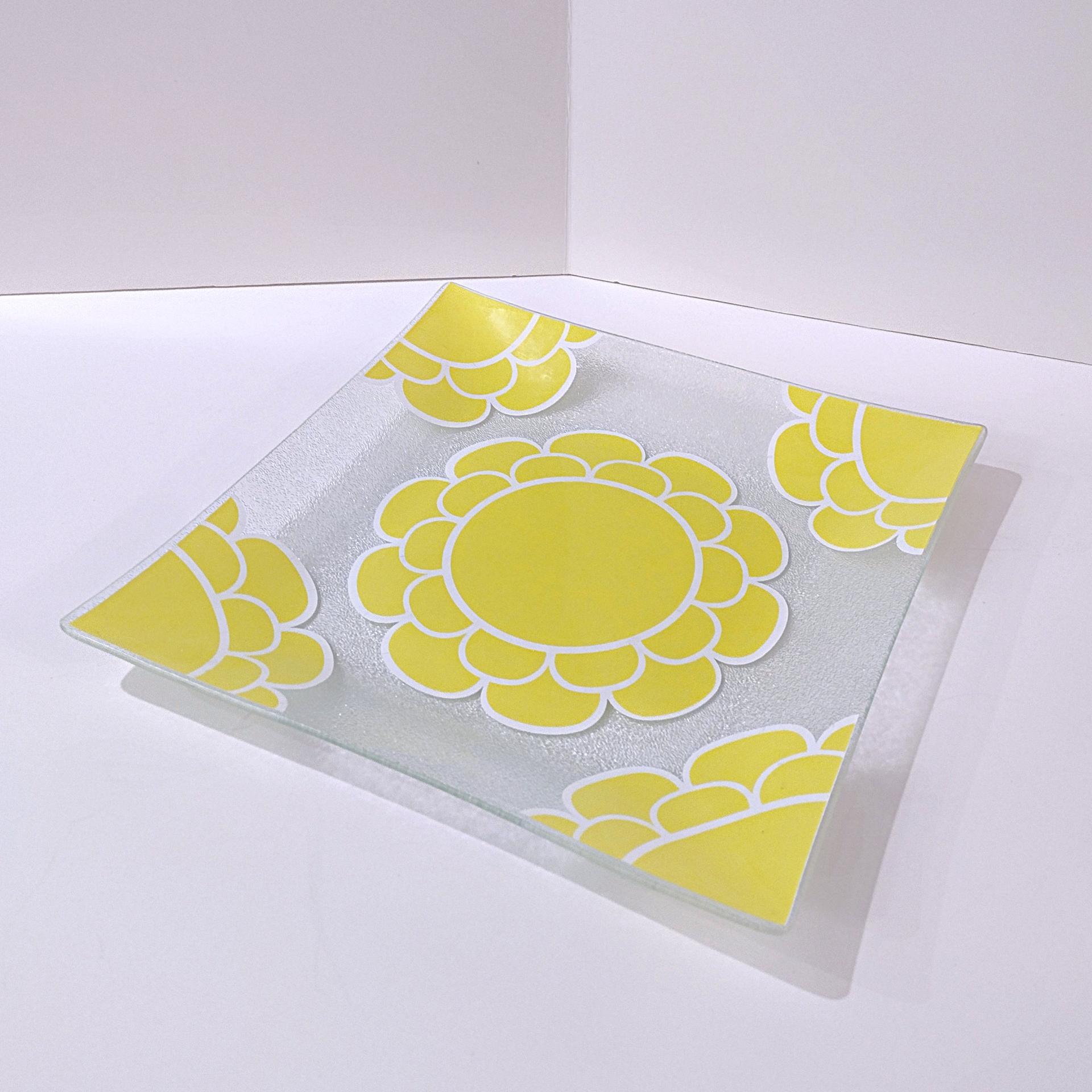 Vintage Colony Indiana Glass Yellow Flower Square Glass Platter, MCM 1960's Servingware