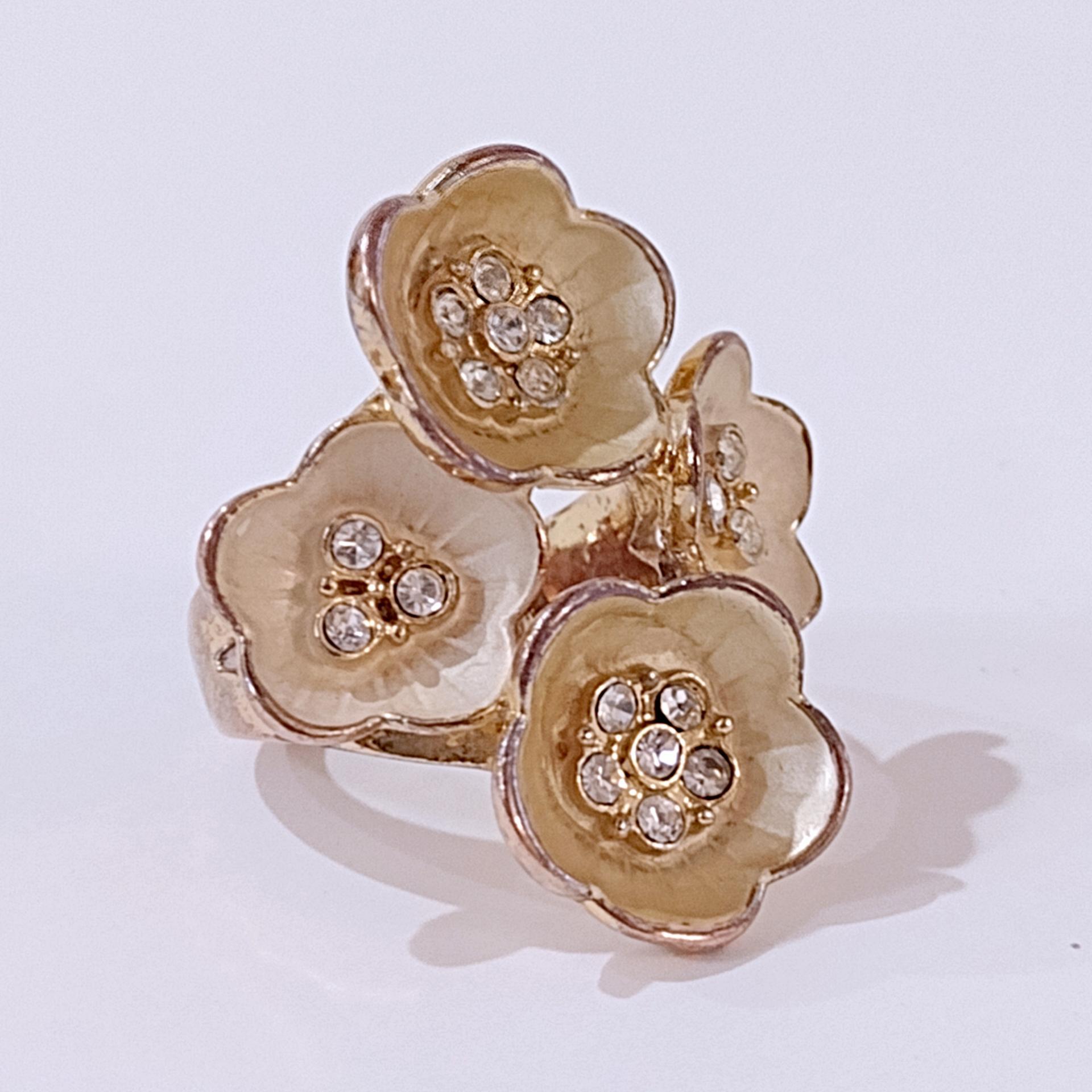 Vintage Copper and Rhinestone Flower Statement Ring, Size 7