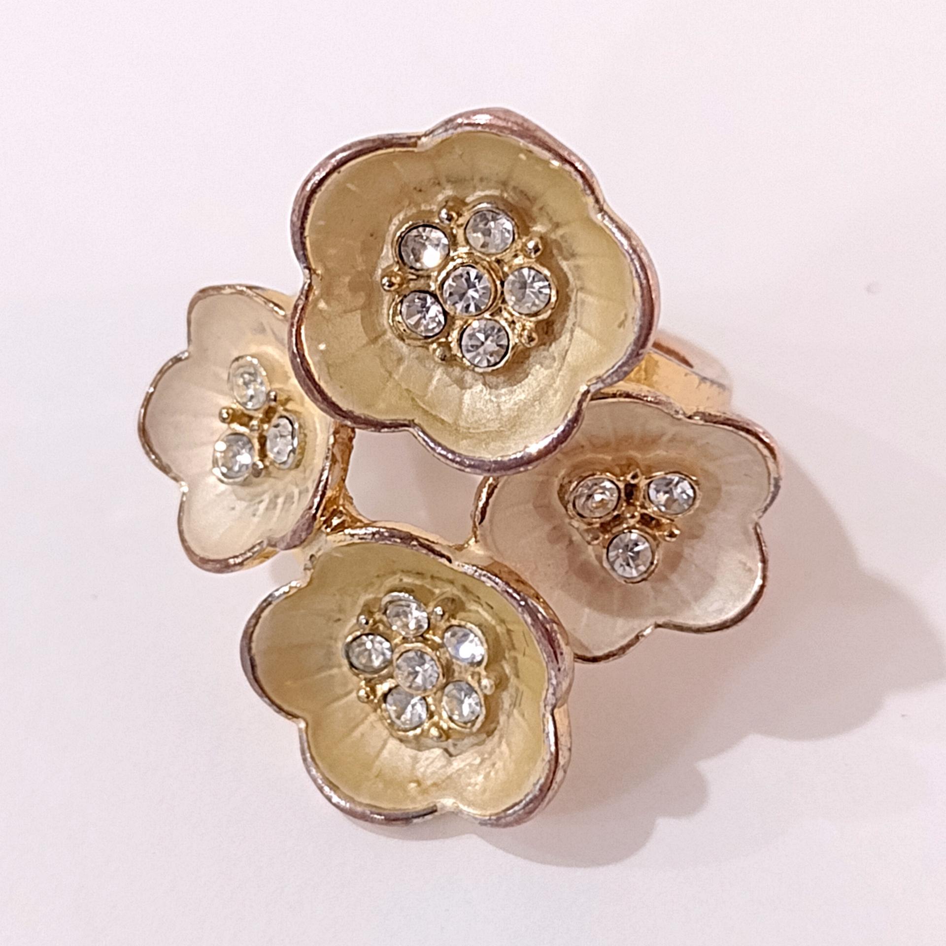 Vintage Copper and Rhinestone Flower Statement Ring, Size 7