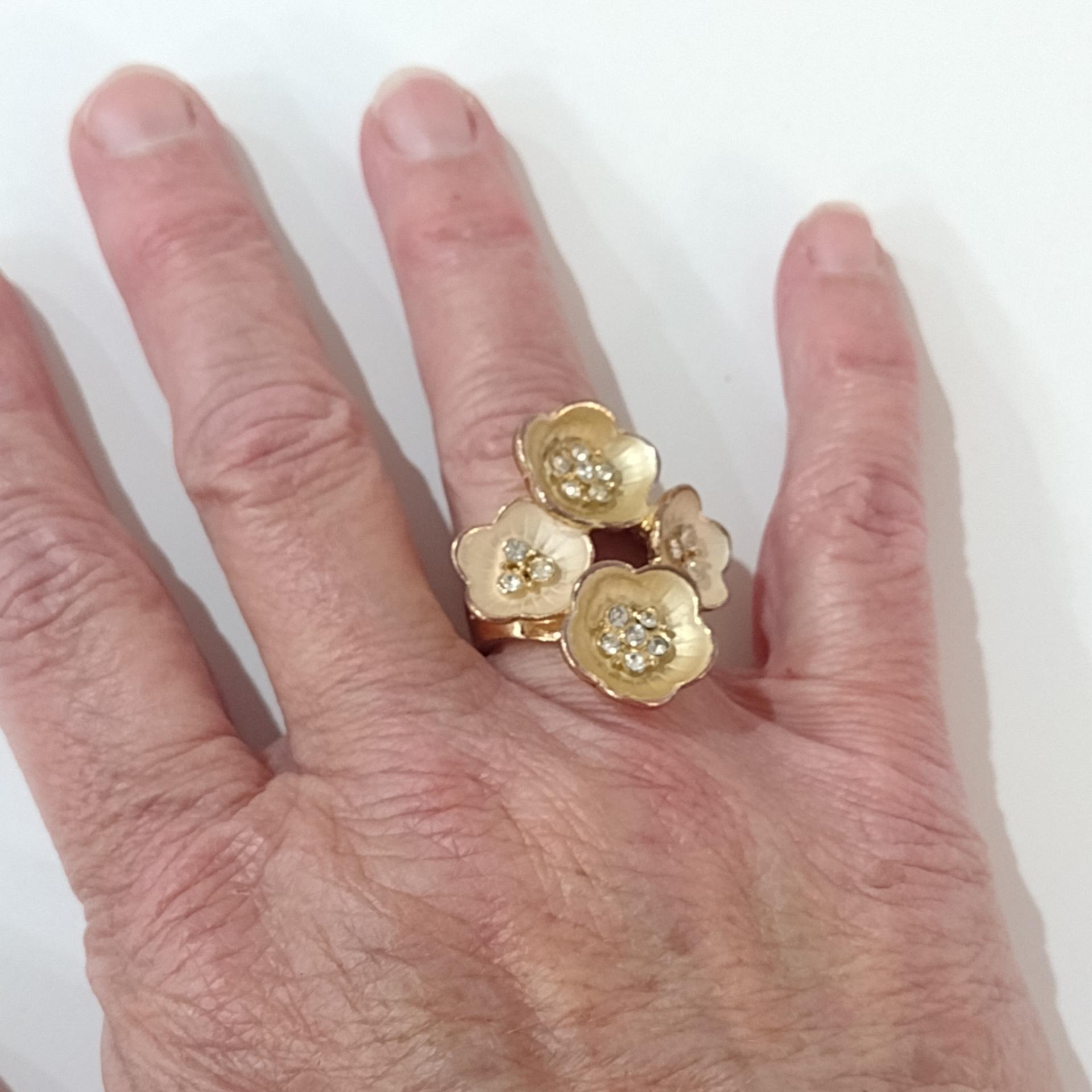 Vintage Copper and Rhinestone Flower Statement Ring, Size 7