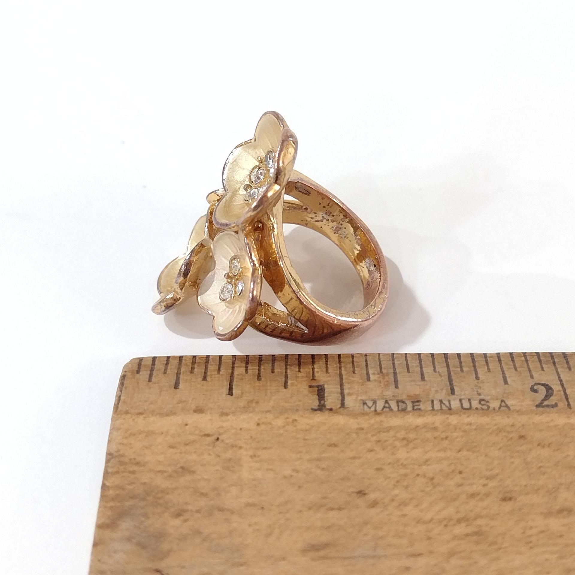Vintage Copper and Rhinestone Flower Statement Ring, Size 7