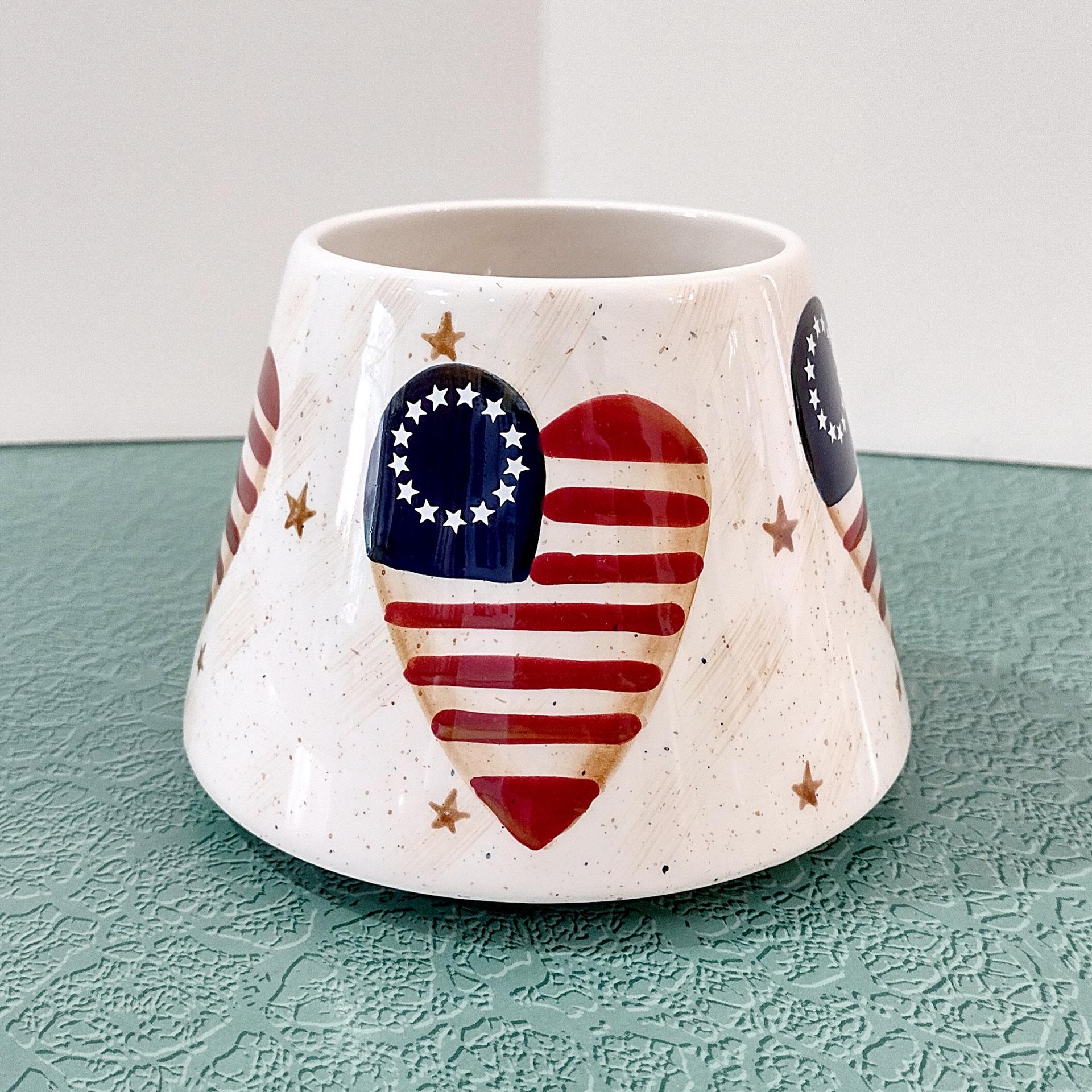 Vintage Home Interiors Heart Flag Ceramic Candle Shade Jar Topper, Americana Patriotic Decor