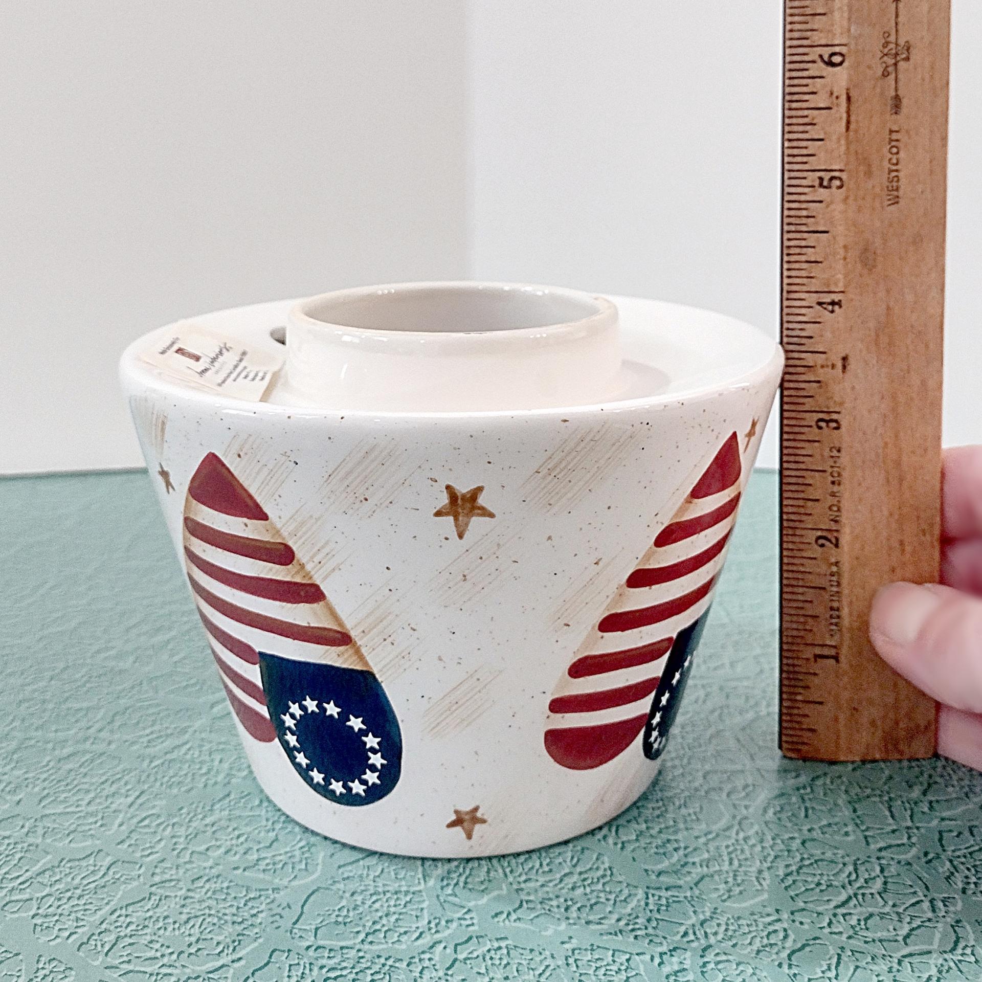 Vintage Home Interiors Heart Flag Ceramic Candle Shade Jar Topper, Americana Patriotic Decor