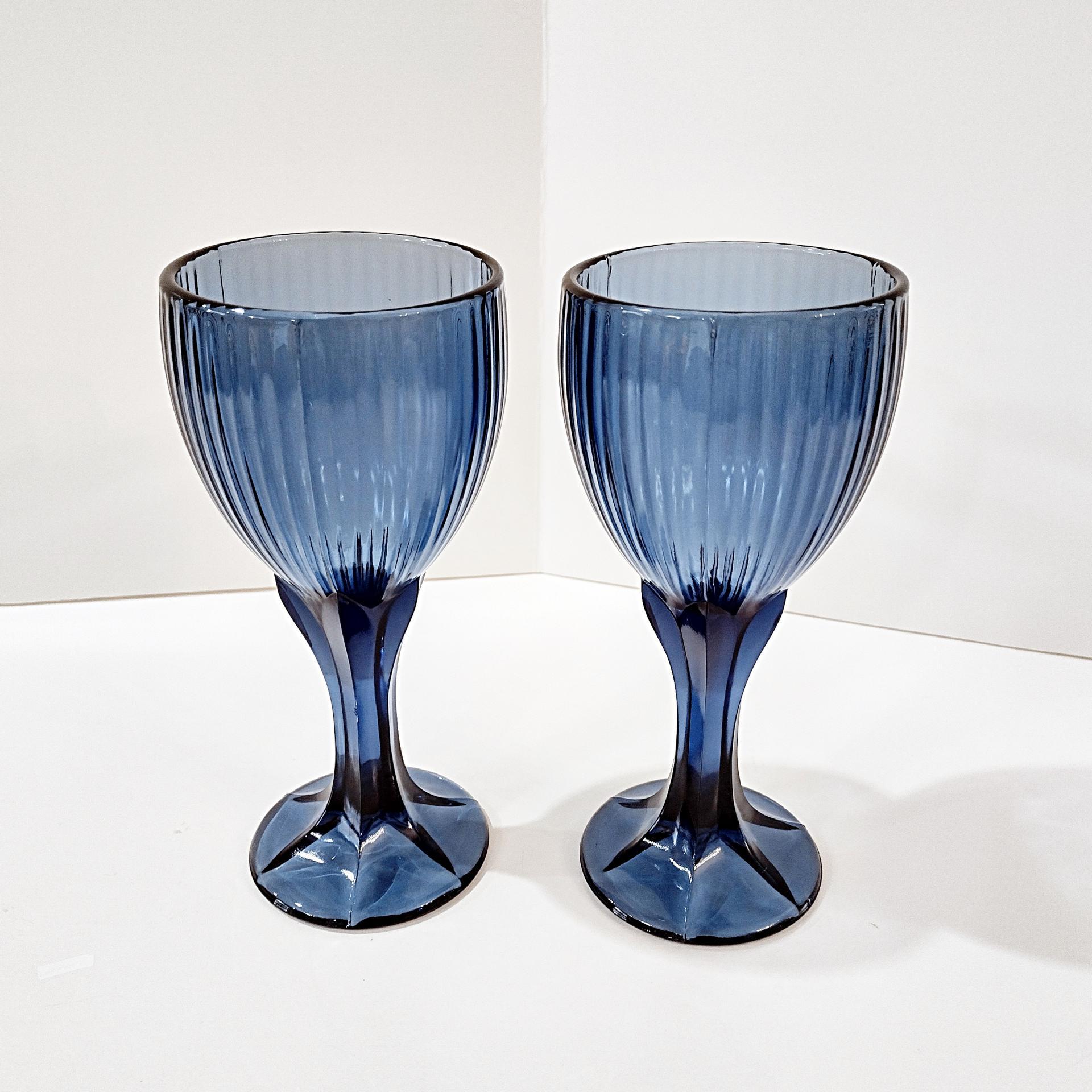 Vintage Fostoria Monet Dark Blue Wine Glasses, Set of Two