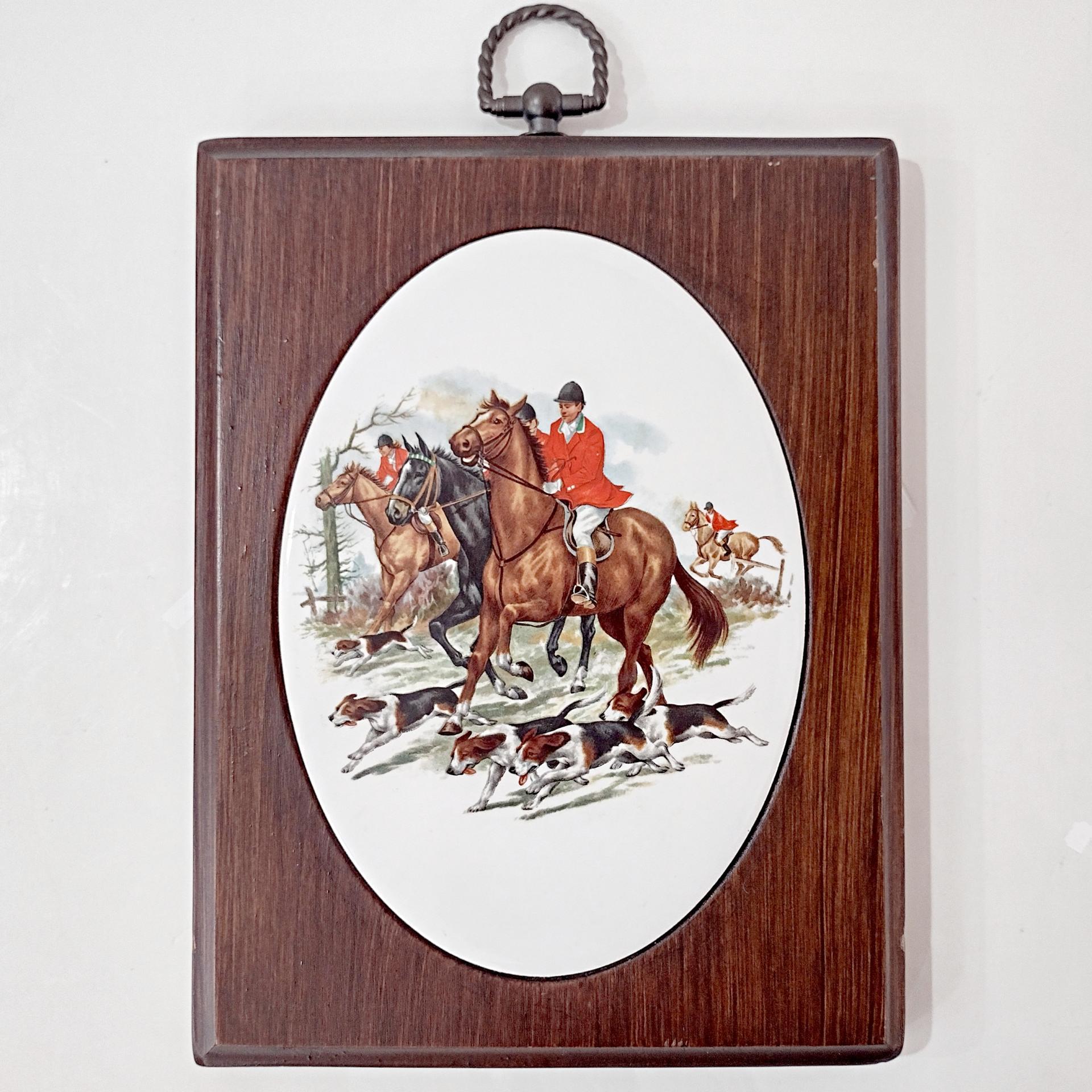 Vintage Horses and Hounds Fox Hunt Ceramic and Wood Plaques, Set of 2, 1970's Retro Wall Hanging Decor
