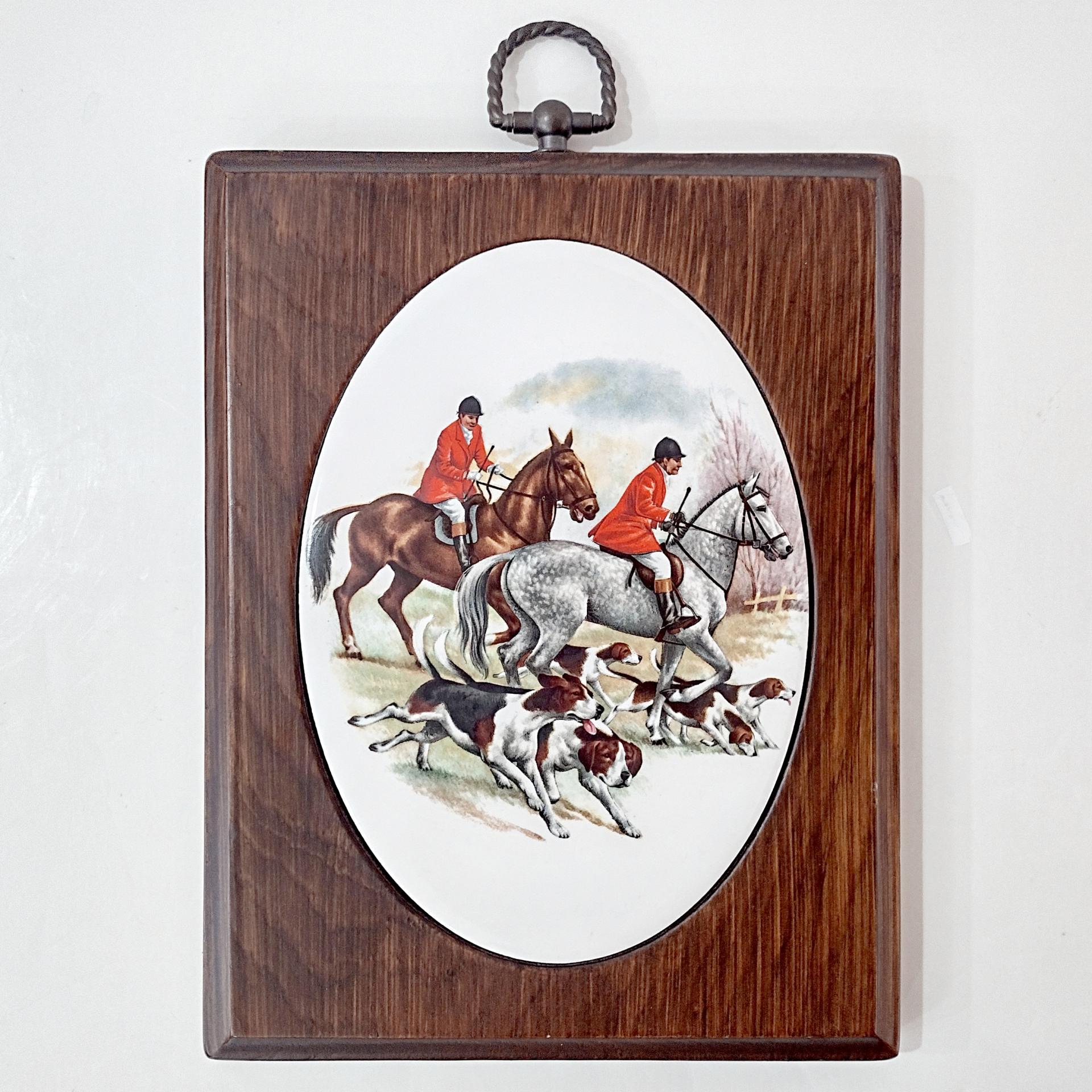 Vintage Horses and Hounds Fox Hunt Ceramic and Wood Plaques, Set of 2, 1970's Retro Wall Hanging Decor