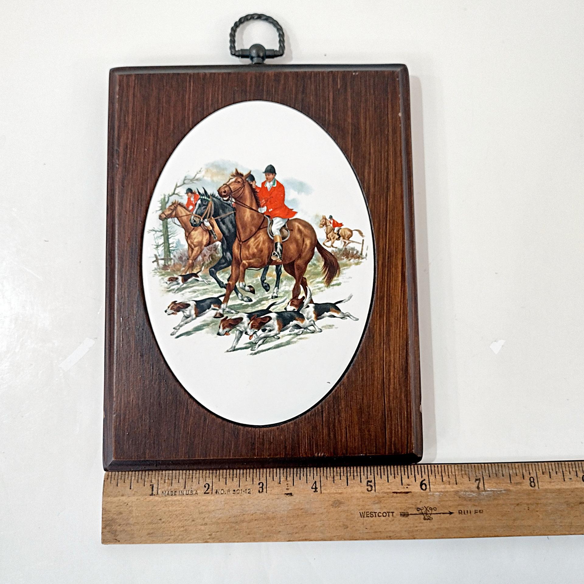 Vintage Horses and Hounds Fox Hunt Ceramic and Wood Plaques, Set of 2, 1970's Retro Wall Hanging Decor