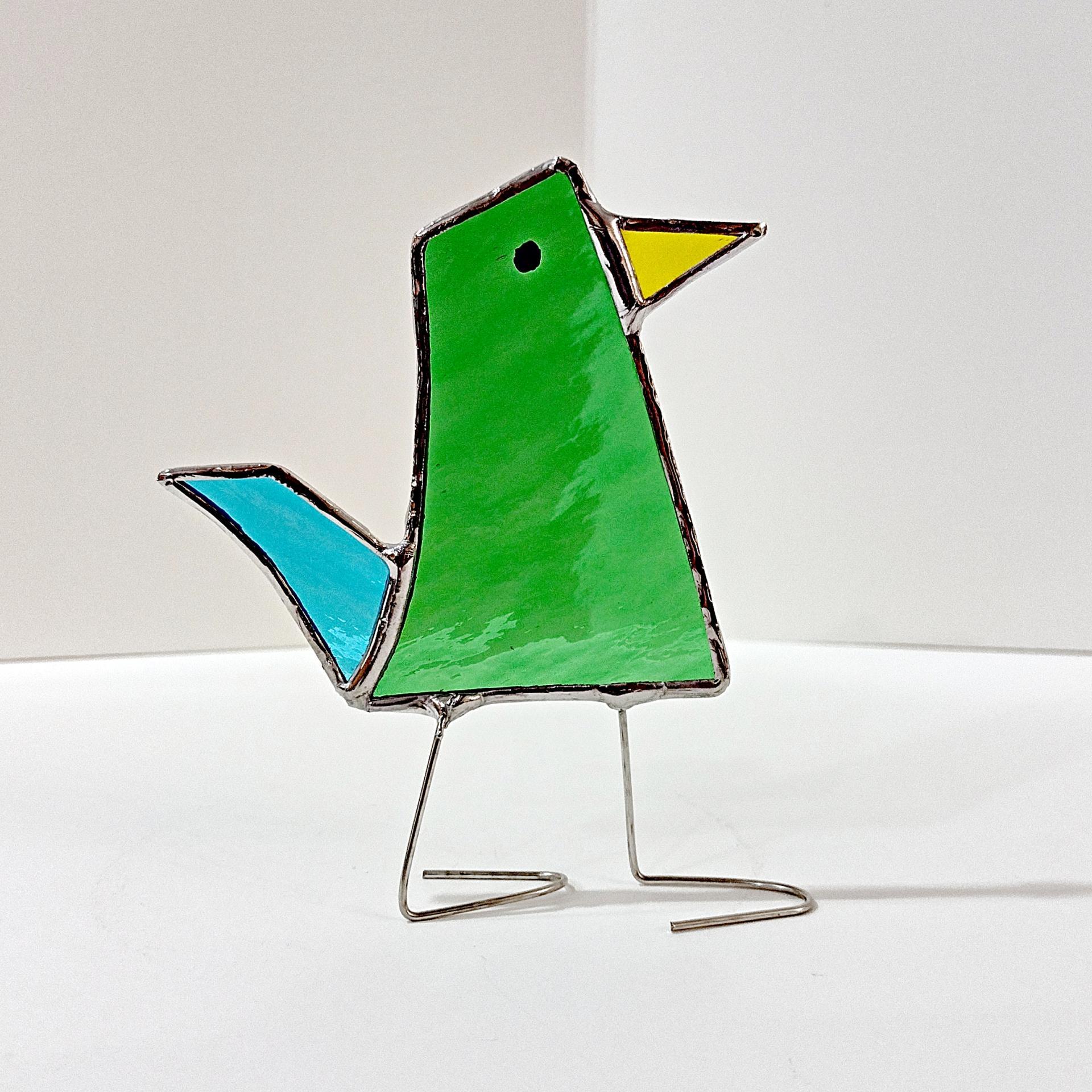 Stained Glass Standing Bird, Funky Green Glass Bird Suncatcher, Bird Lover Gift