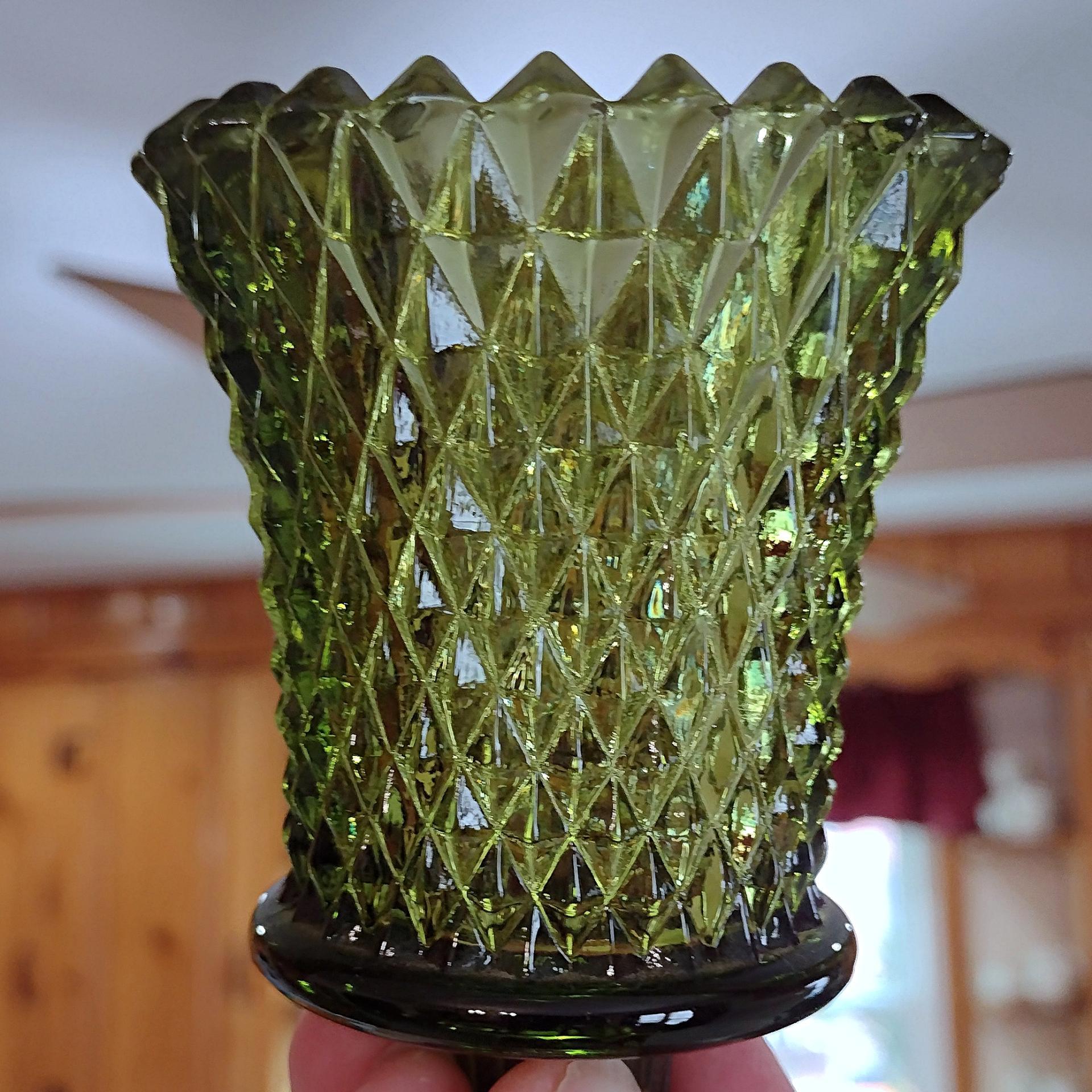 Vintage Homeco Green Diamond Cut Votive Cup Sconce Candle Holder, Home Interiors Glass Pegged Votive Cup
