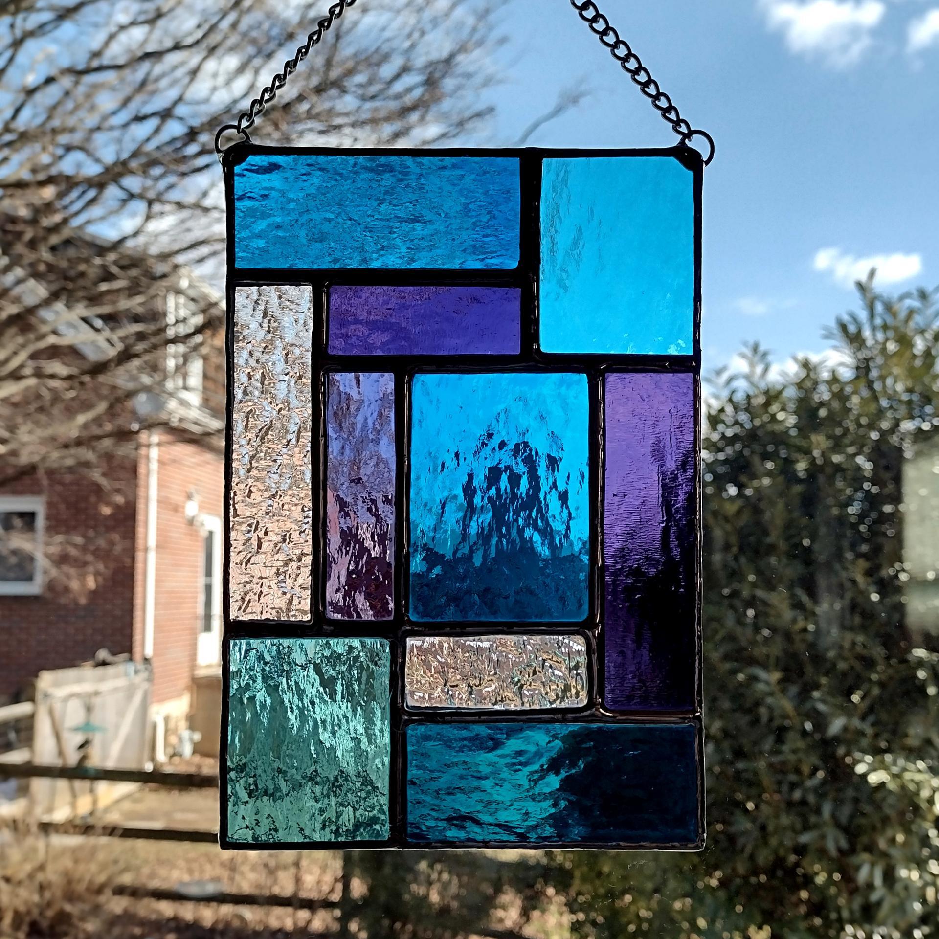 Blue and Purple Geometric Stained Glass Window Panel, Mondrian Stained Glass Suncatcher, Custom Colors Available