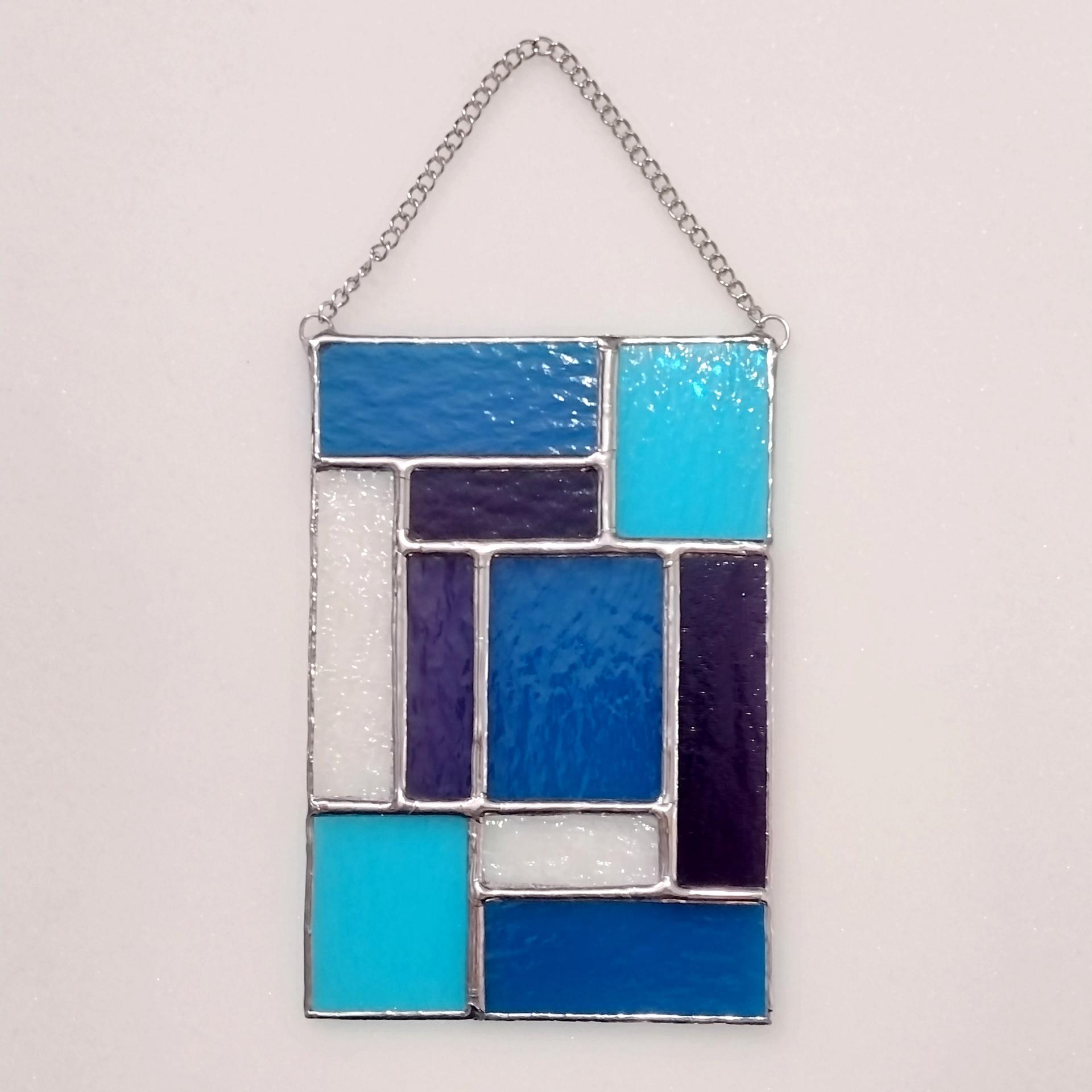 Blue and Purple Geometric Stained Glass Window Panel, Mondrian Stained Glass Suncatcher, Custom Colors Available