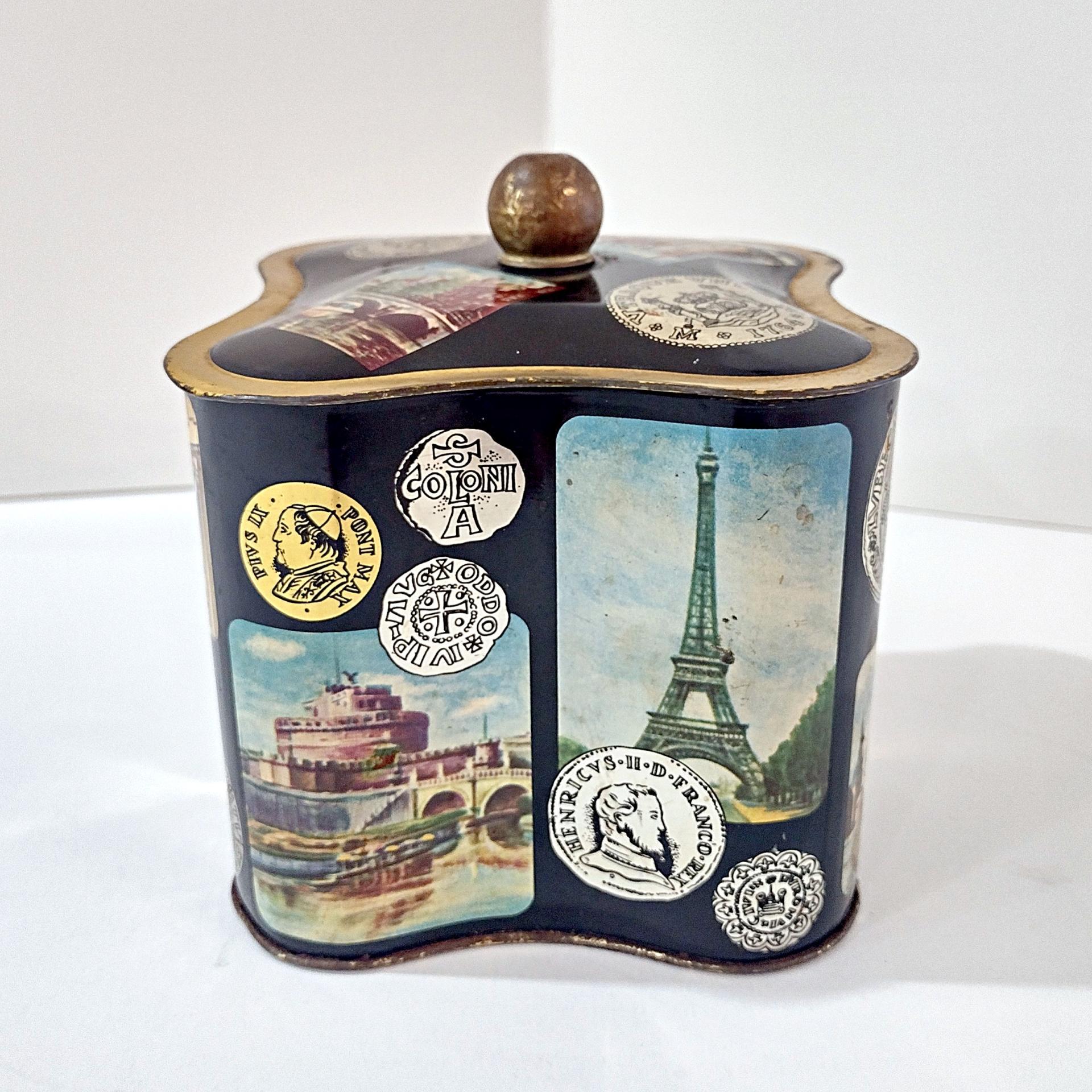 Vintage West Germany Biscuit Tin: World Monuments Design, Decorative Clover Shaped Metal Storage Container Box