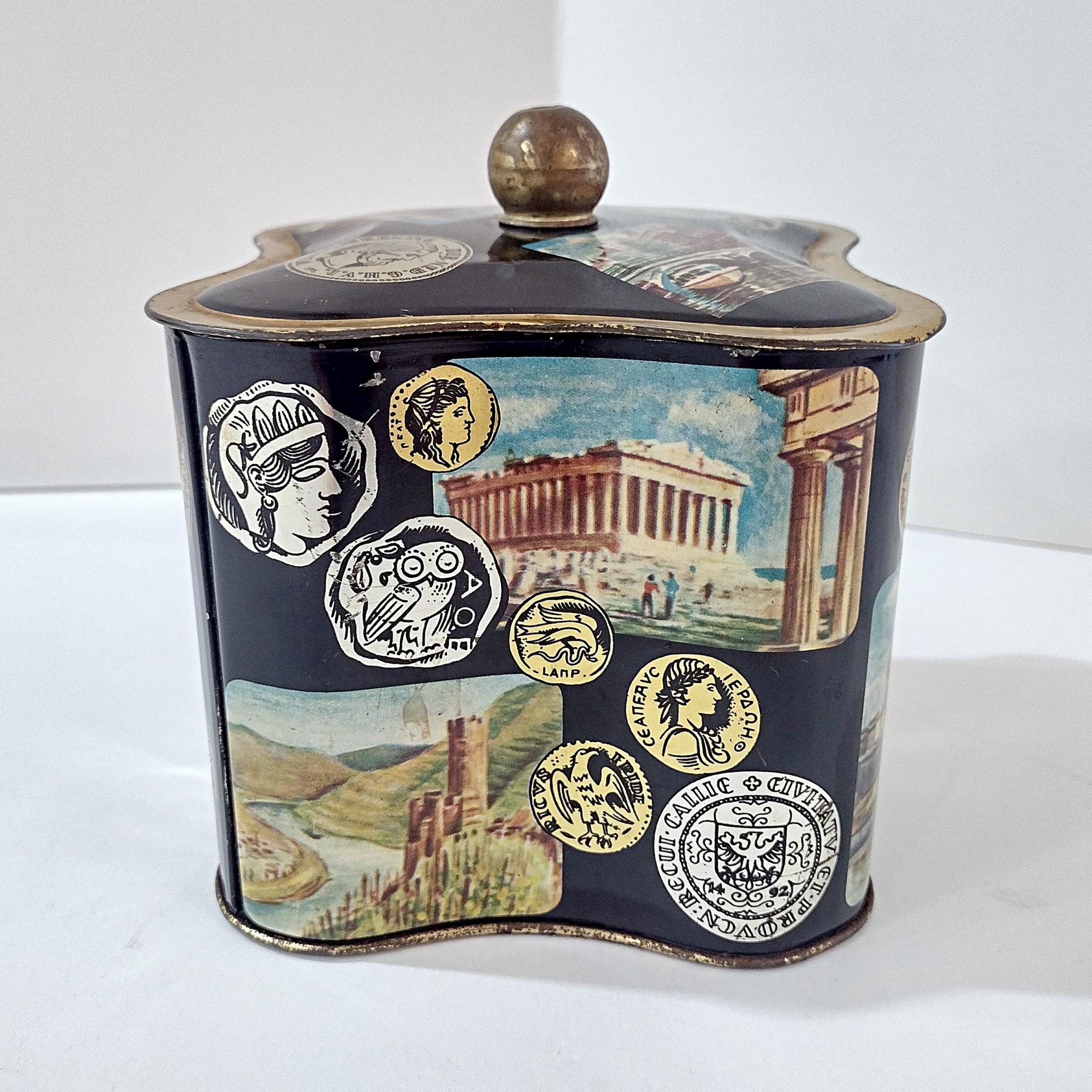 Vintage West Germany Biscuit Tin: World Monuments Design, Decorative Clover Shaped Metal Storage Container Box