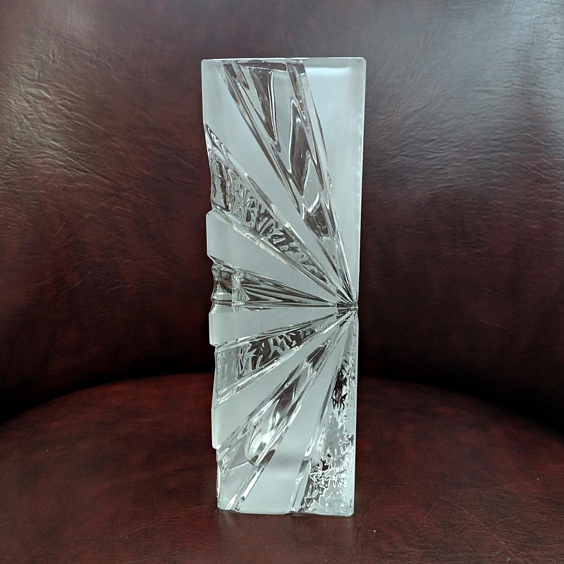 Vintage German Lead Crystal Frosted Sunburst Rectangular Flower Bud Vase