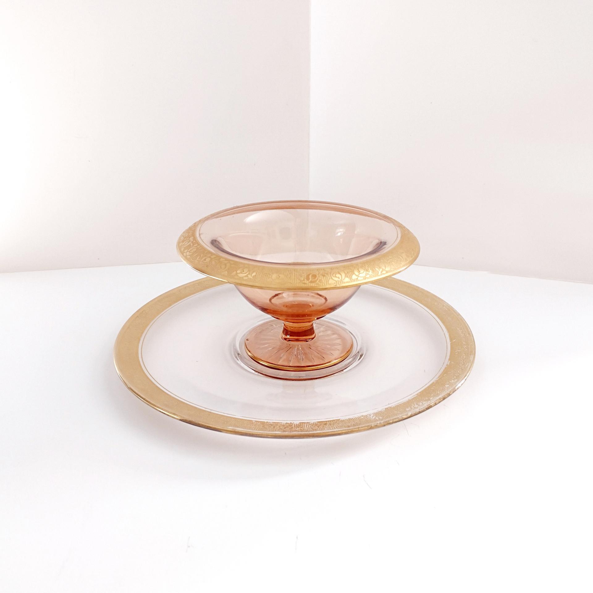 Vintage Glastonbury Rambler Rose Gold Rimmed Footed Mayonnaise Dip Bowl and Serving Plate