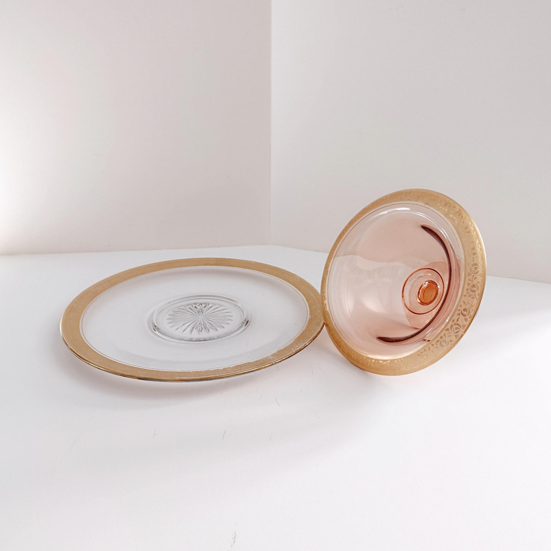 Vintage Glastonbury Rambler Rose Gold Rimmed Footed Mayonnaise Dip Bowl and Serving Plate