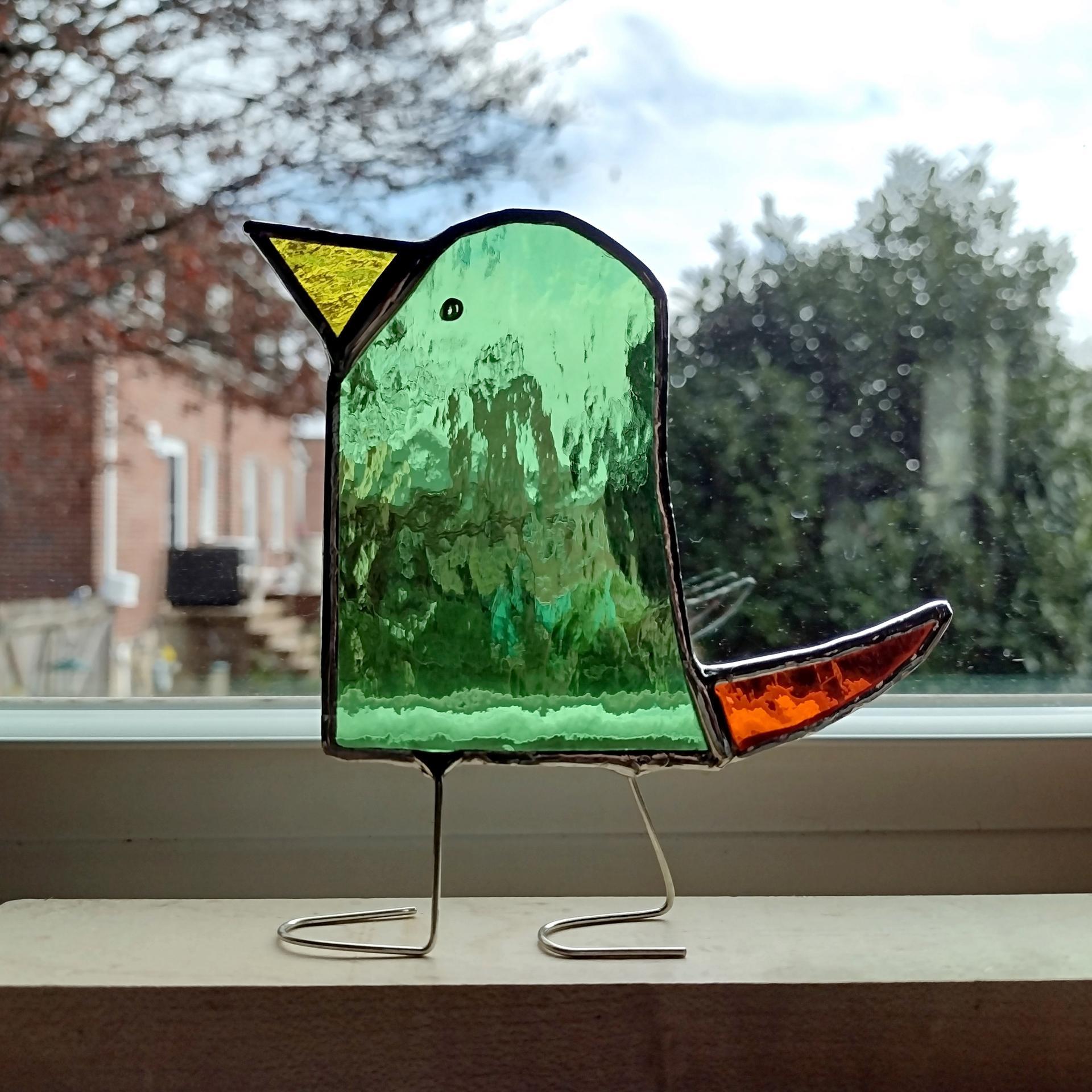 Stained Glass Standing Bird, Funky Glass Bird, Green and Orange Bird Suncatcher, Windowsill Free Standing Bird