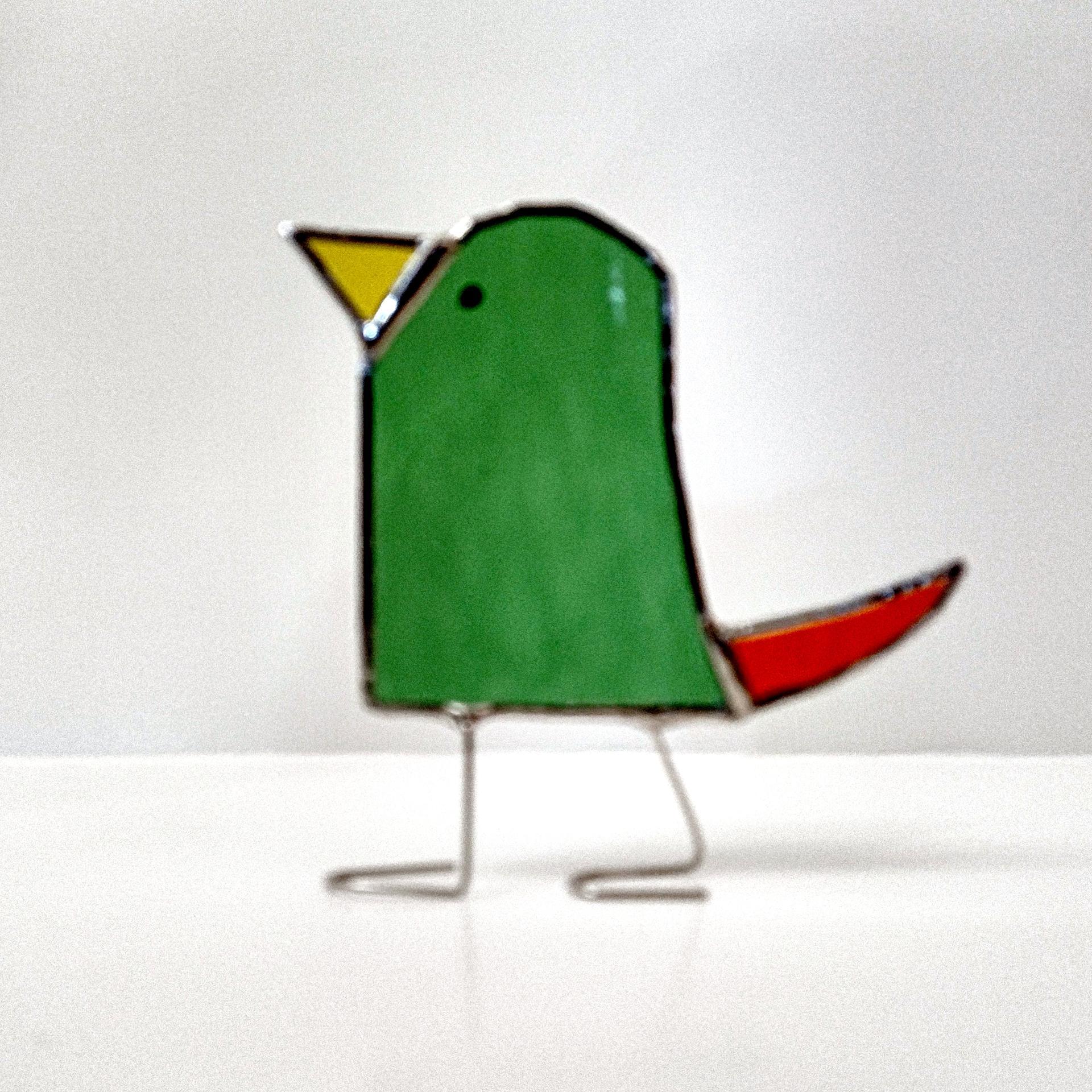 Stained Glass Standing Bird, Funky Glass Bird, Green and Orange Bird Suncatcher, Windowsill Free Standing Bird