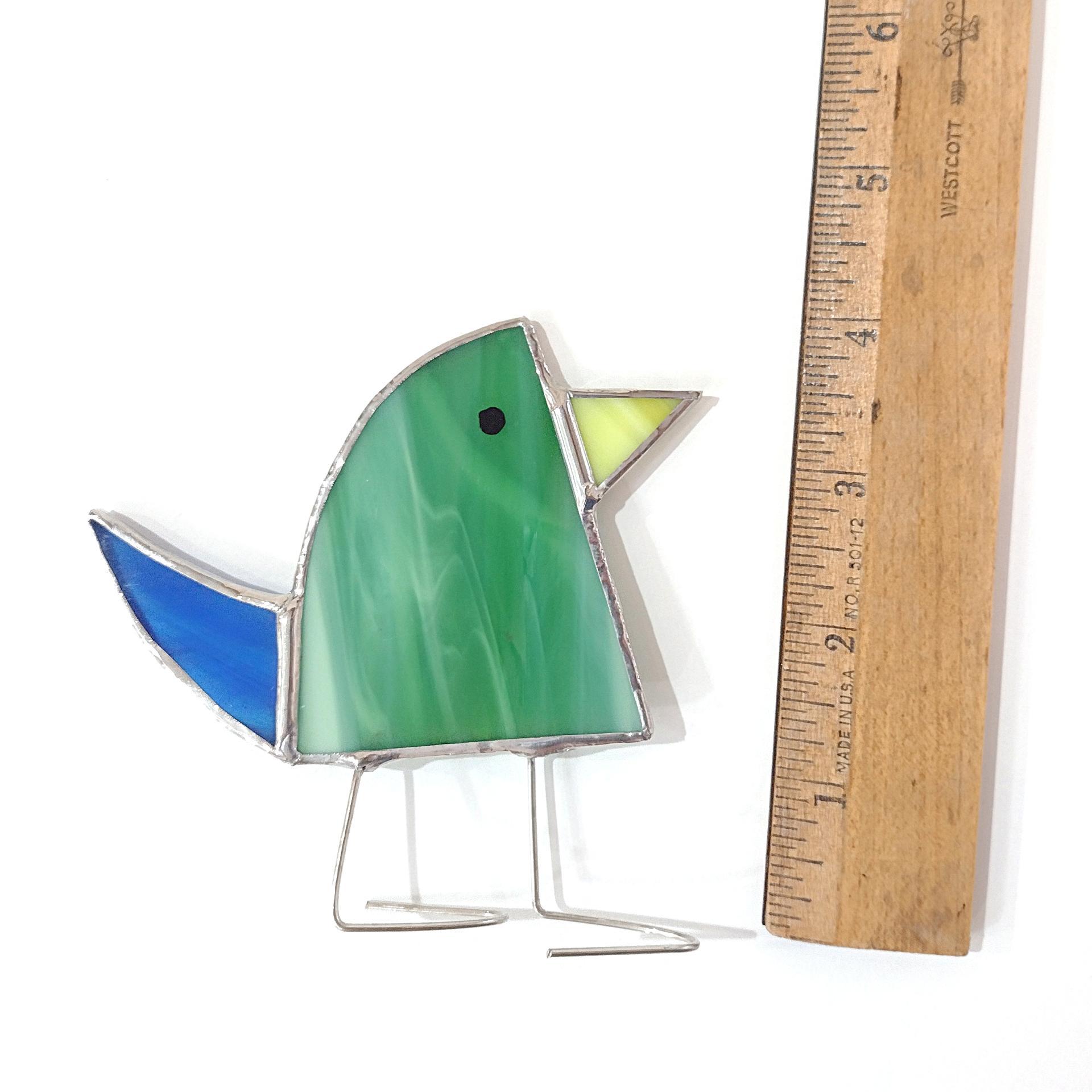 Stained Glass Standing Bird, Funky Green and Blue Glass Bird Suncatcher, Bird Lover Gift, Windowsill Sitter