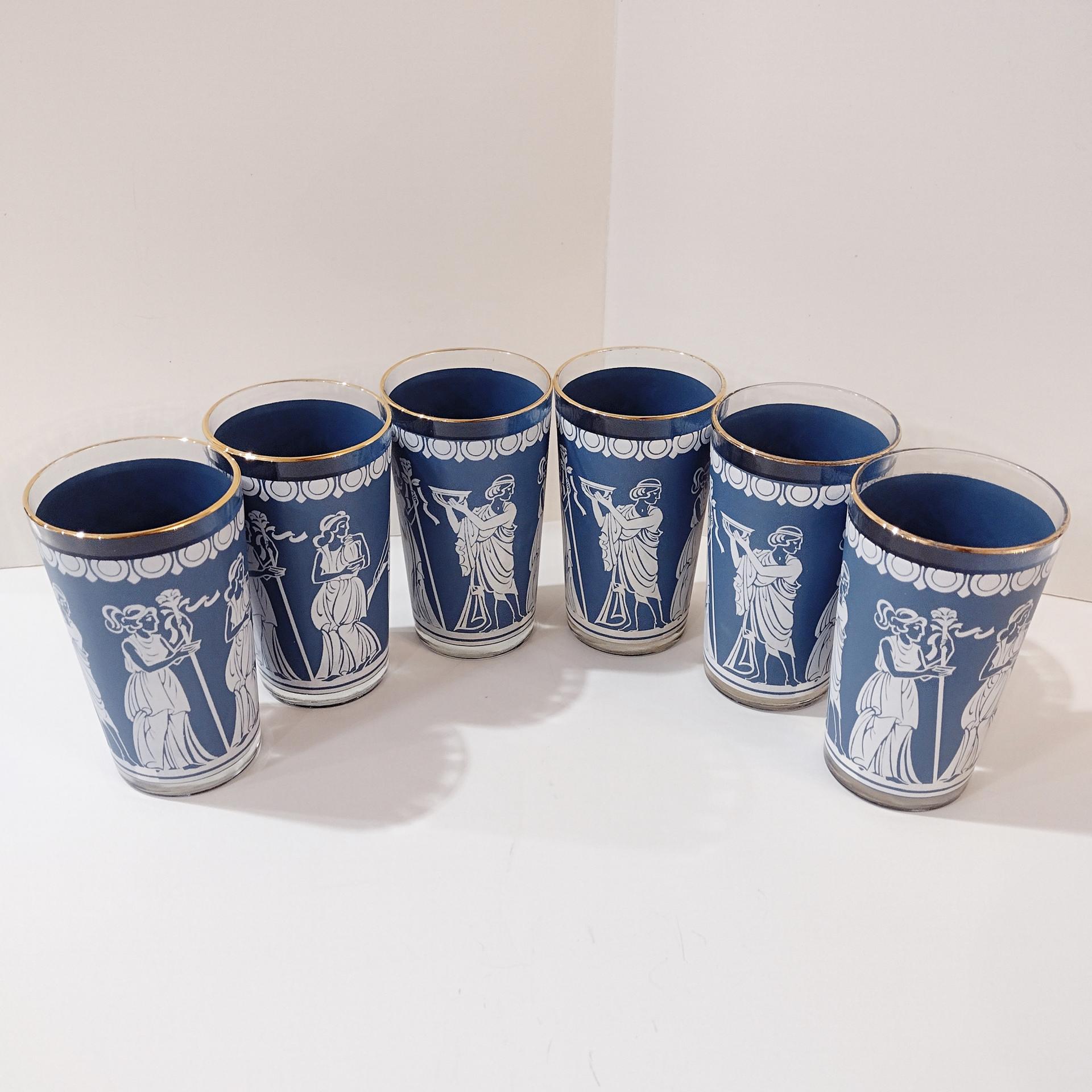 Vintage Jeanette Corinthian Blue Hellenic Greek Roman Themed Glasses, Set of 6