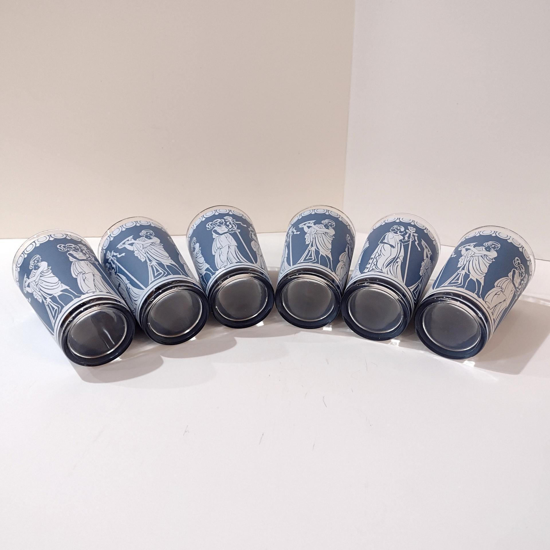 Vintage Jeanette Corinthian Blue Hellenic Greek Roman Themed Glasses, Set of 6