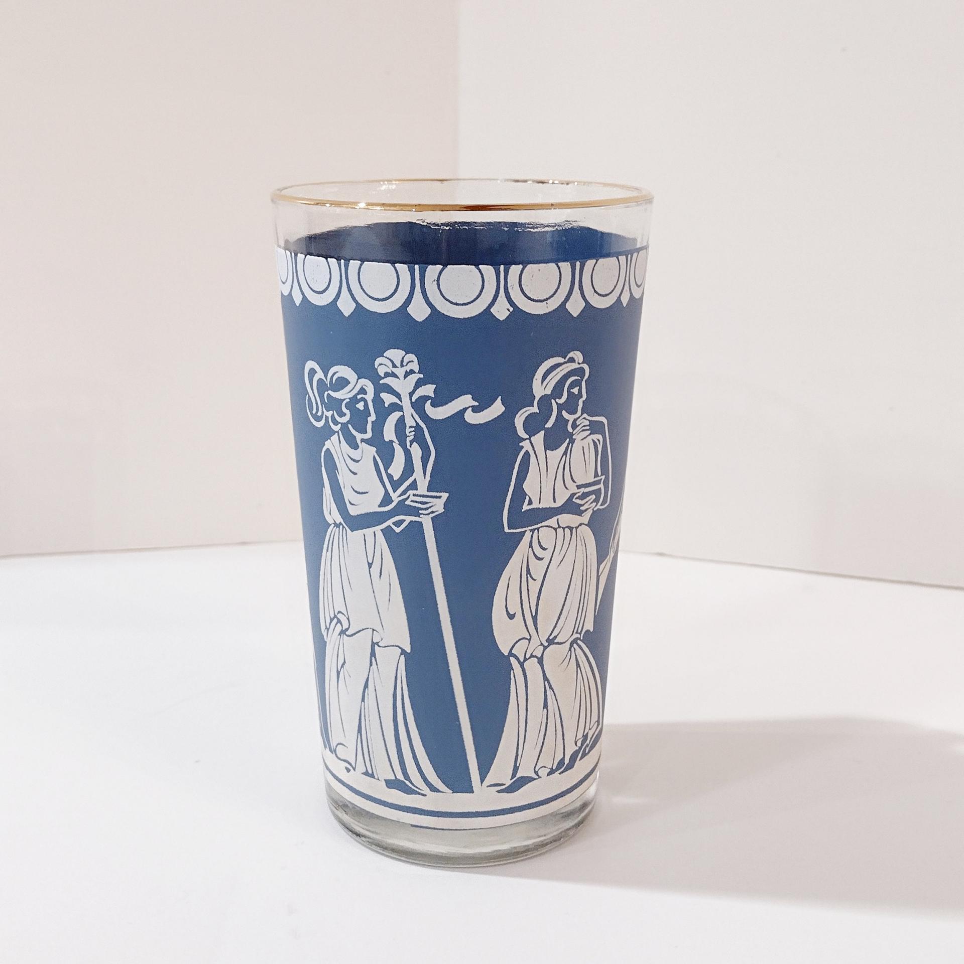 Vintage Jeanette Corinthian Blue Hellenic Greek Roman Themed Glasses, Set of 6
