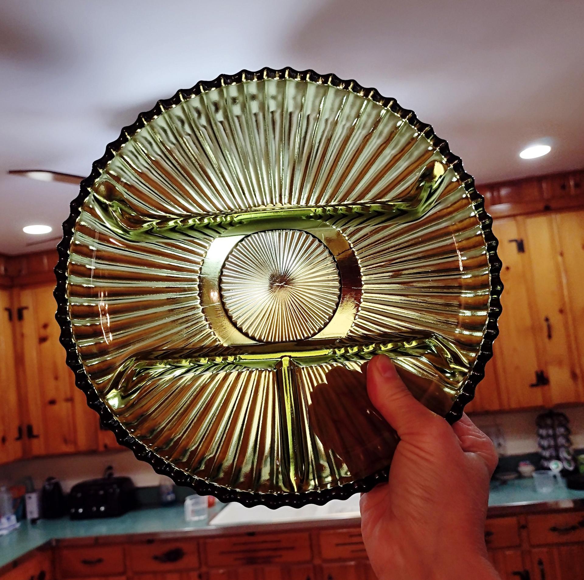 Vintage Indiana Glass Green 4 Section Relish Dish, Olive Green Divided Glass Tray