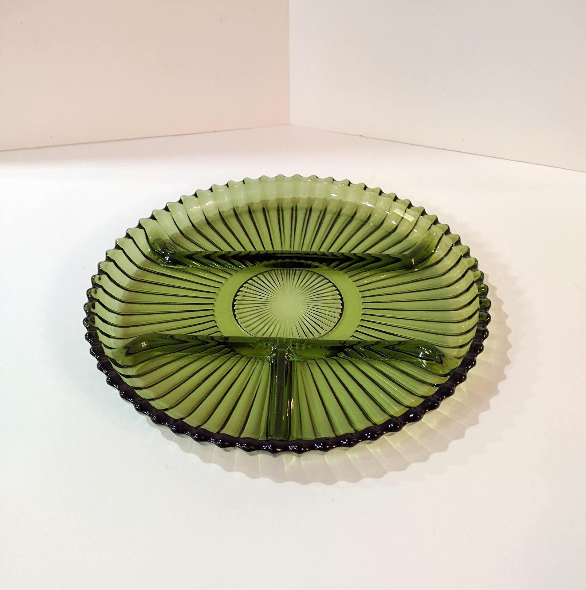 Vintage Indiana Glass Green 4 Section Relish Dish, Olive Green Divided Glass Tray