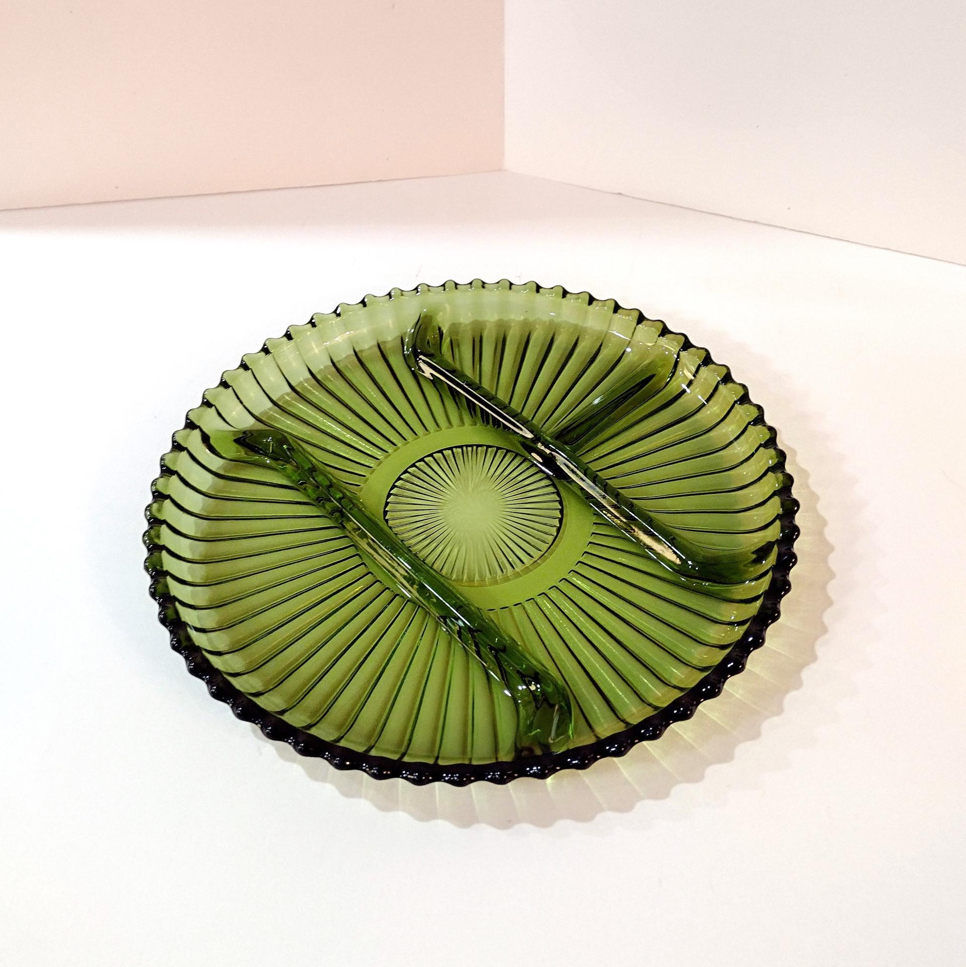 Vintage Indiana Glass Green 4 Section Relish Dish, Olive Green Divided Glass Tray