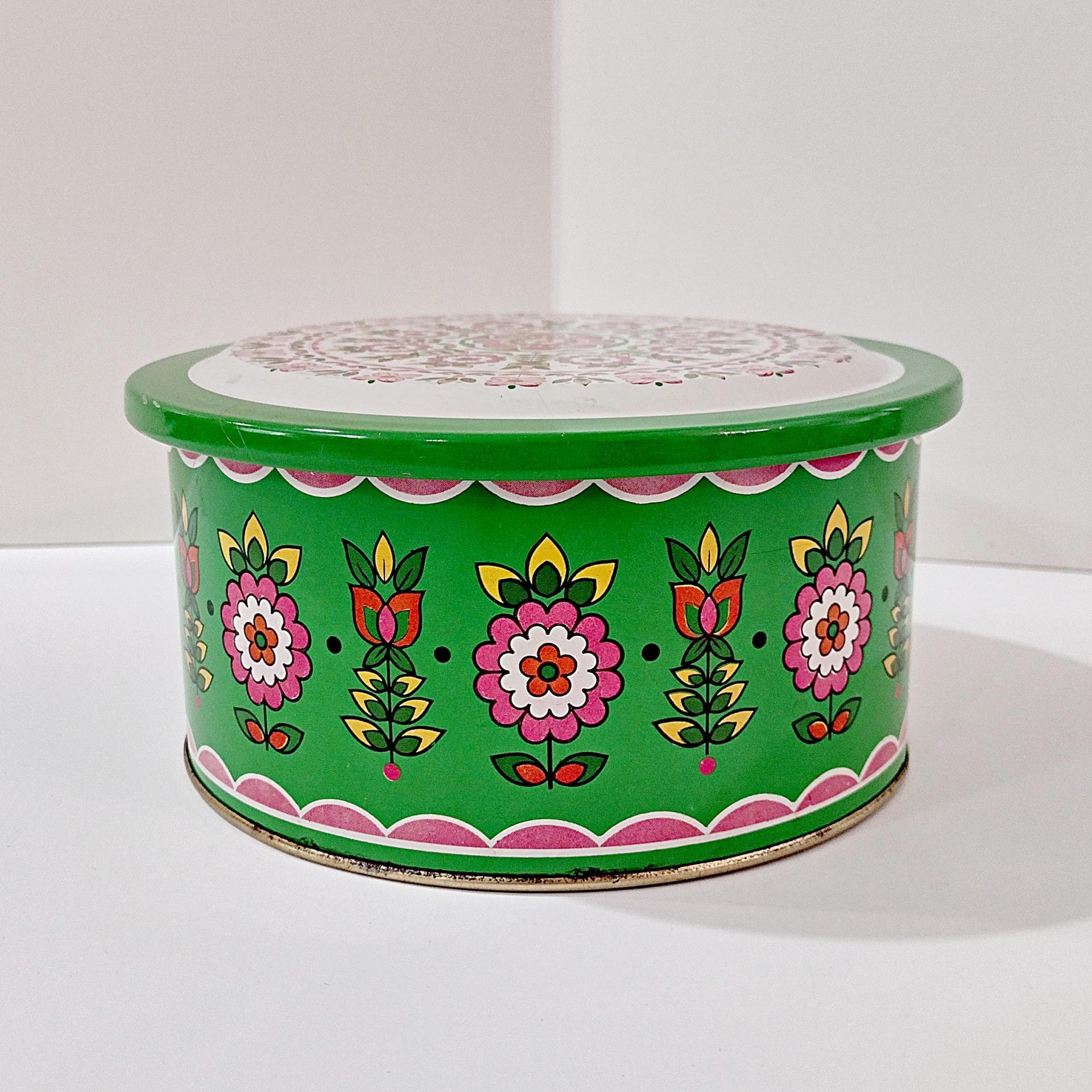 Vintage Green and Pink Mosaic Mandala Flowers Round Metal Tin Storage Container, Brazilian Floral Gift Tin