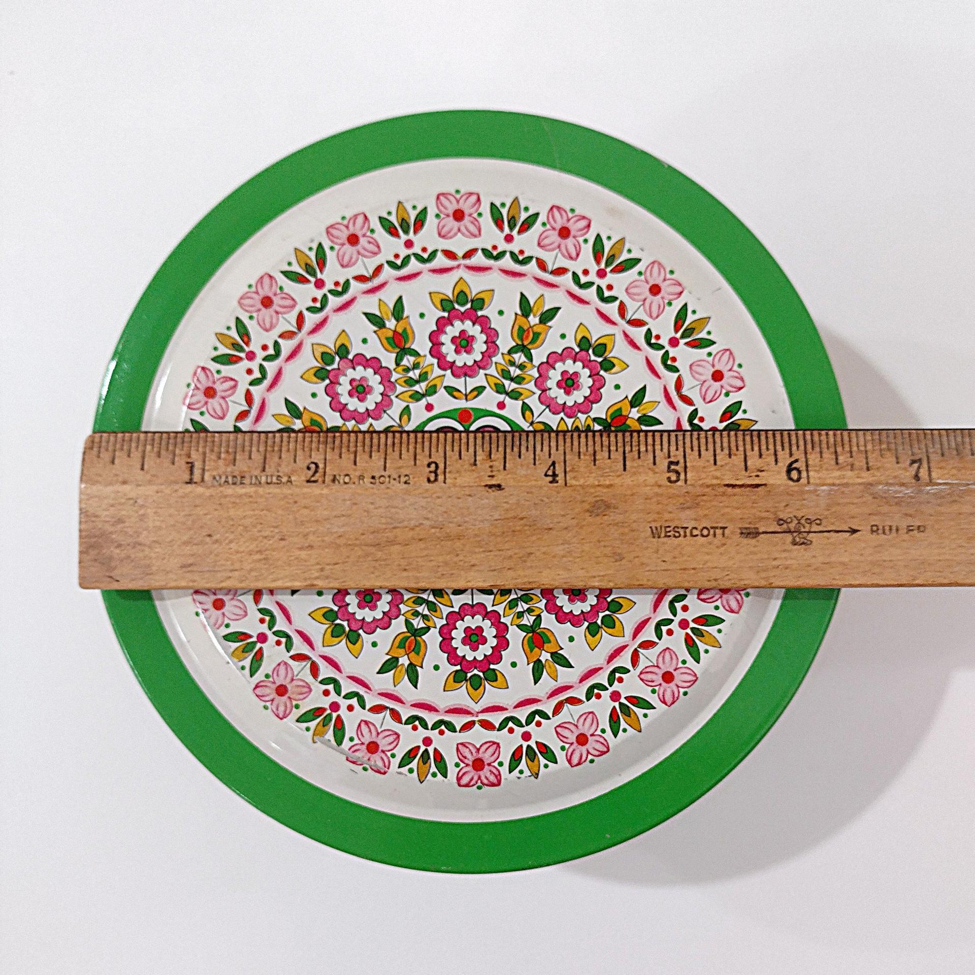 Vintage Green and Pink Mosaic Mandala Flowers Round Metal Tin Storage Container, Brazilian Floral Gift Tin