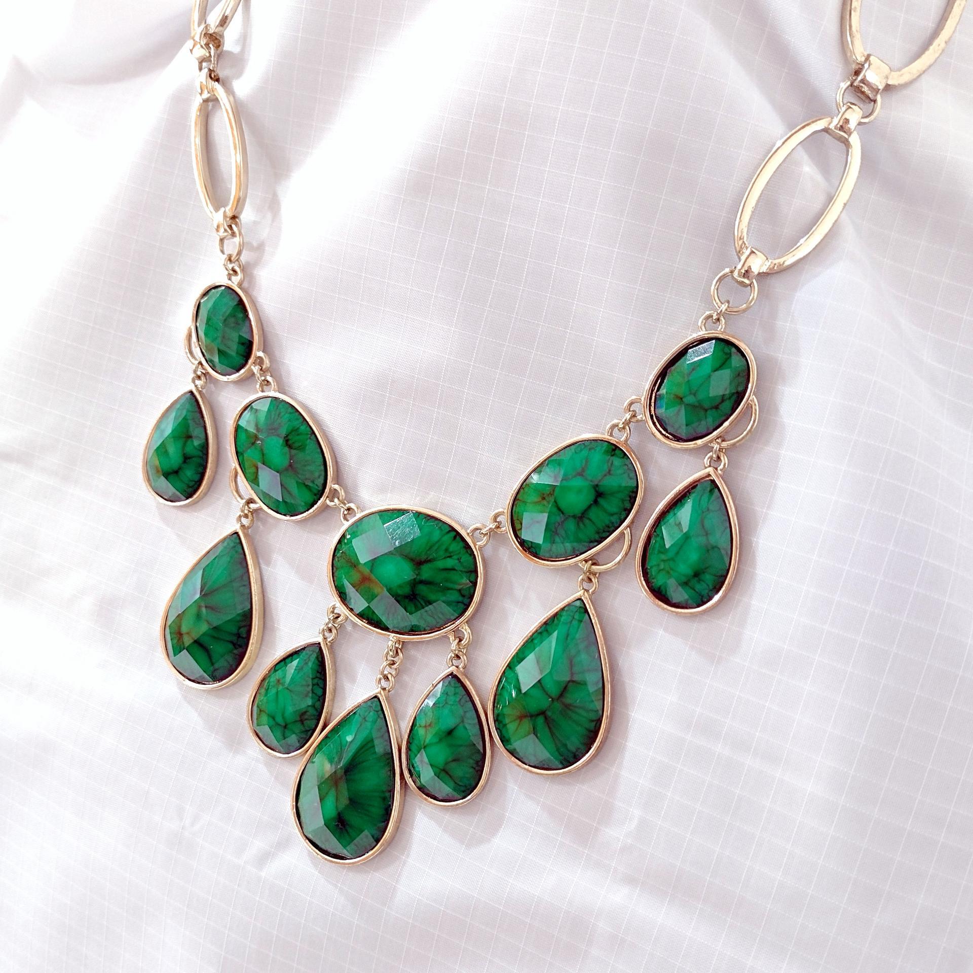 Vintage Green and Black Cabochon Bib Statement Necklace, Gold Tone Green Teardrop Dangle Necklace