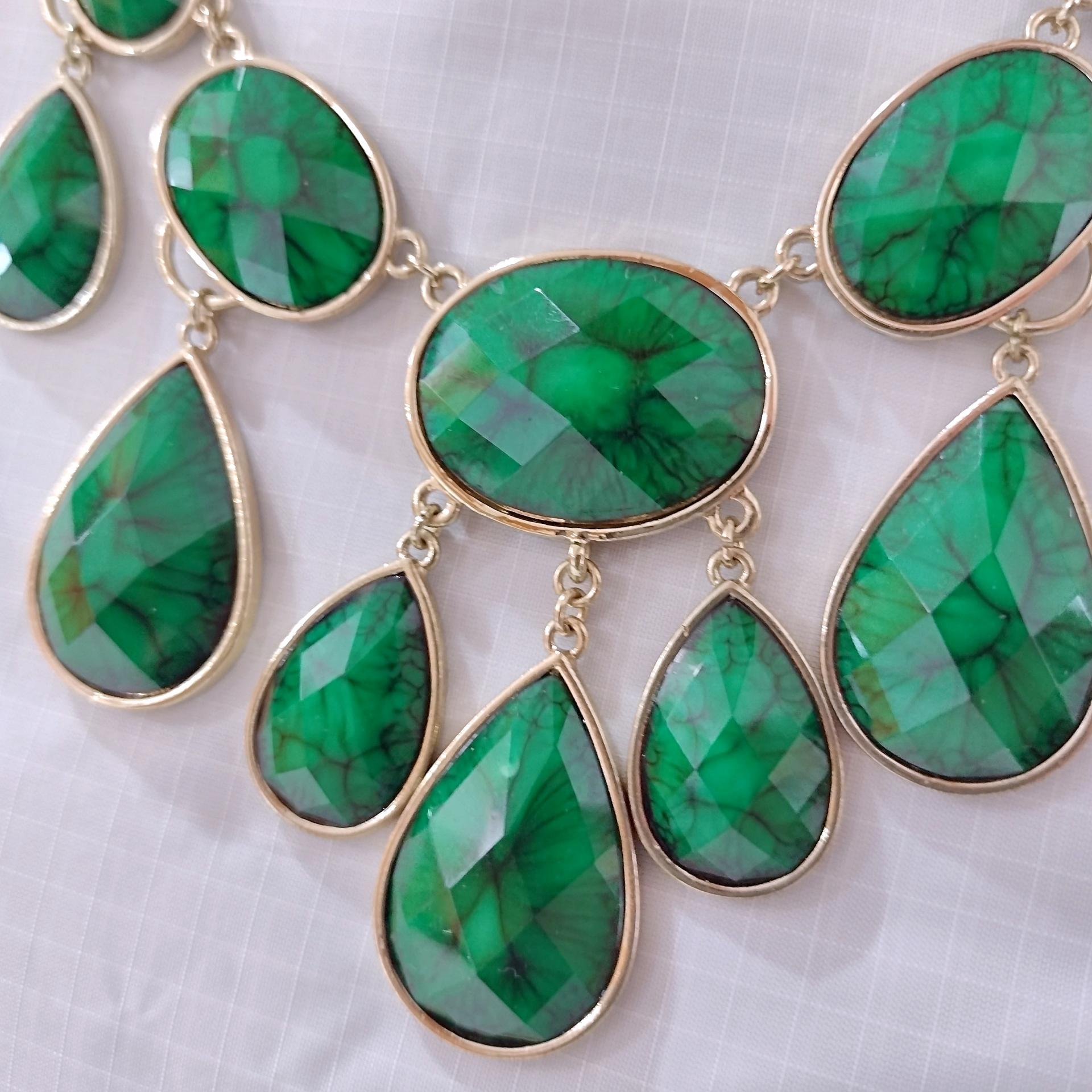 Vintage Green and Black Cabochon Bib Statement Necklace, Gold Tone Green Teardrop Dangle Necklace