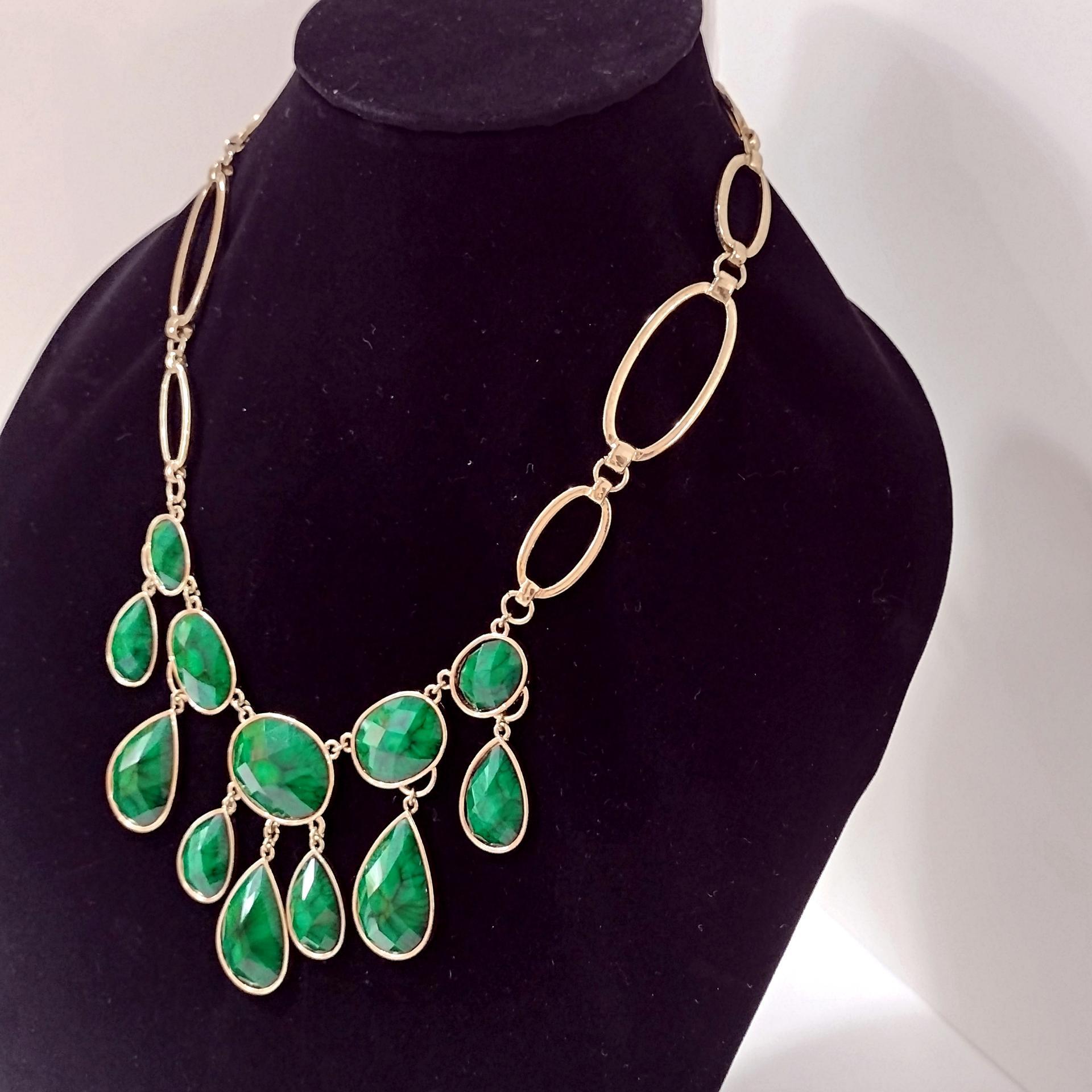 Vintage Green and Black Cabochon Bib Statement Necklace, Gold Tone Green Teardrop Dangle Necklace