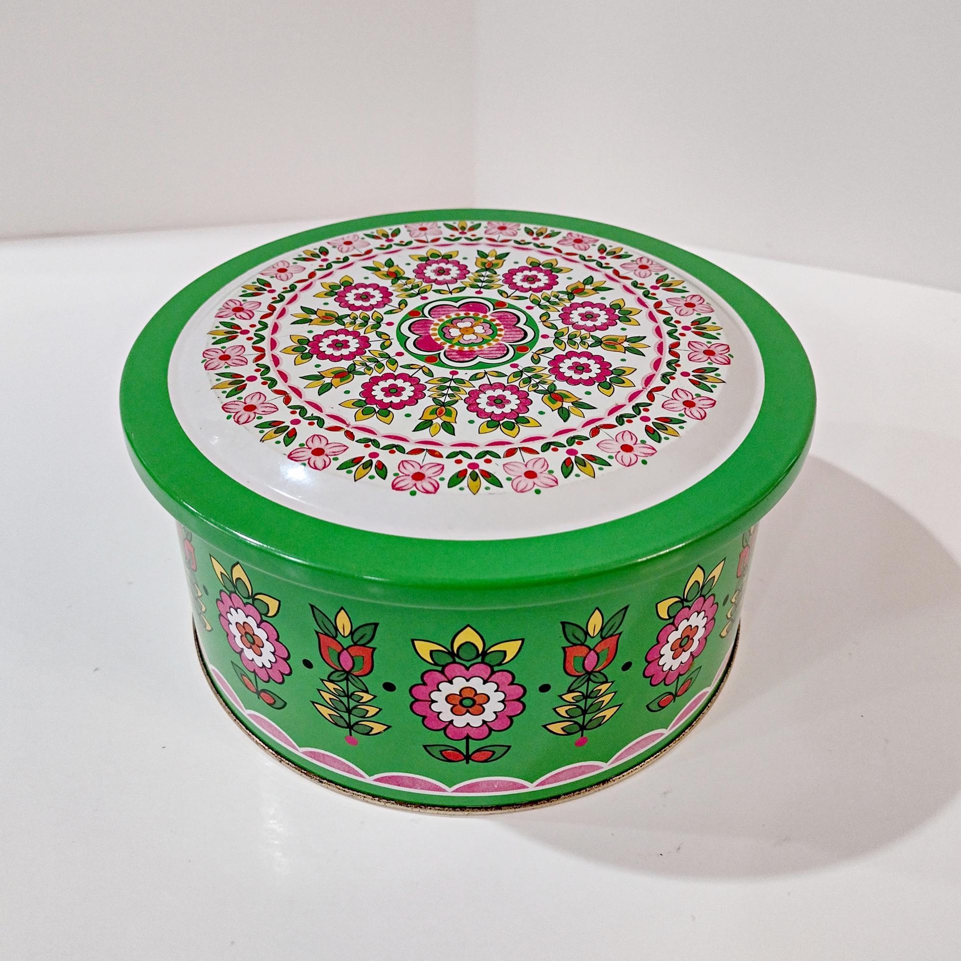 Vintage Green and Pink Mosaic Mandala Flowers Round Metal Tin Storage Container, Brazilian Floral Gift Tin