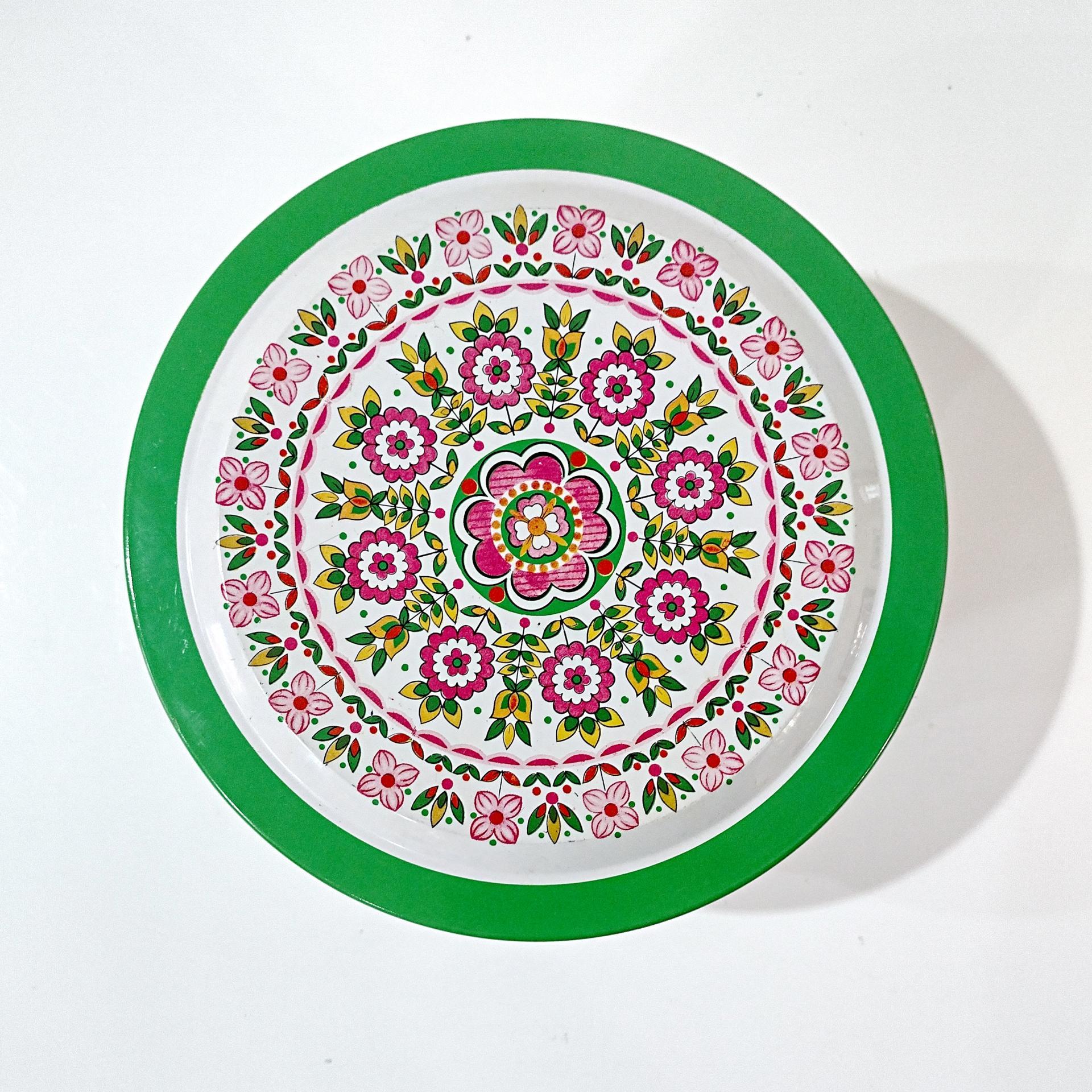 Vintage Green and Pink Mosaic Mandala Flowers Round Metal Tin Storage Container, Brazilian Floral Gift Tin
