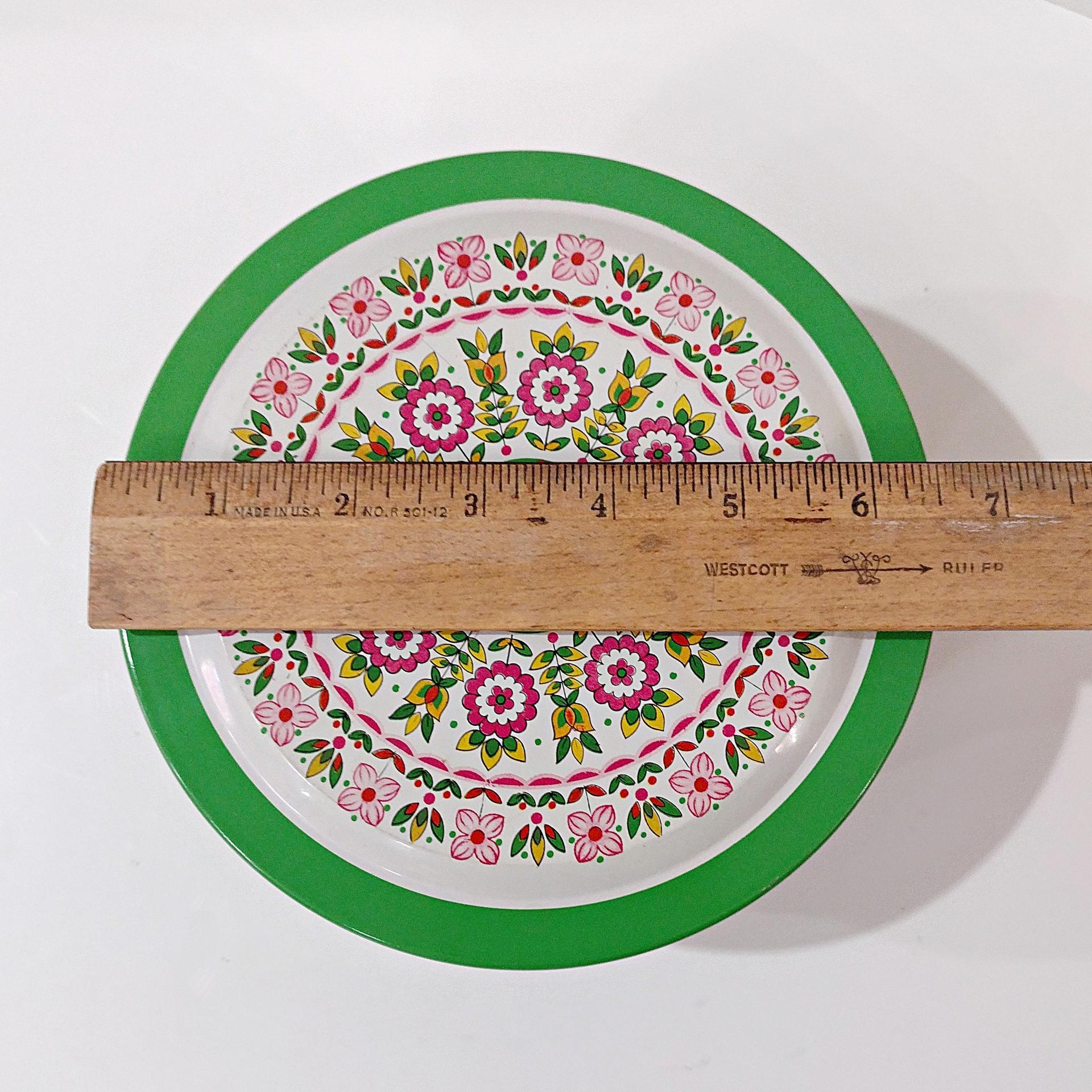 Vintage Green and Pink Mosaic Mandala Flowers Round Metal Tin Storage Container, Brazilian Floral Gift Tin