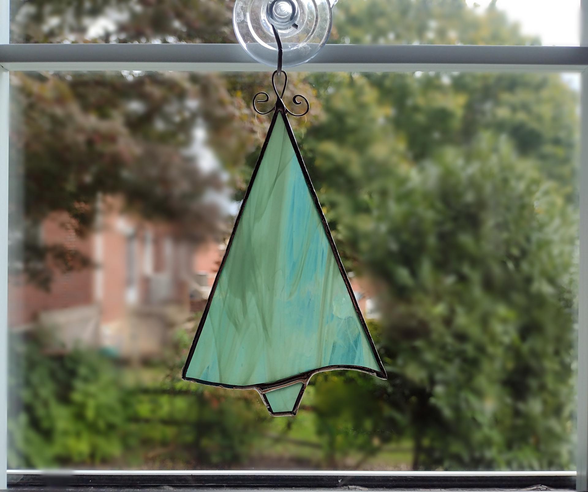 Stained Glass Christmas Tree Suncatcher / Ornament, Green and White Swirled Opalescent Glass