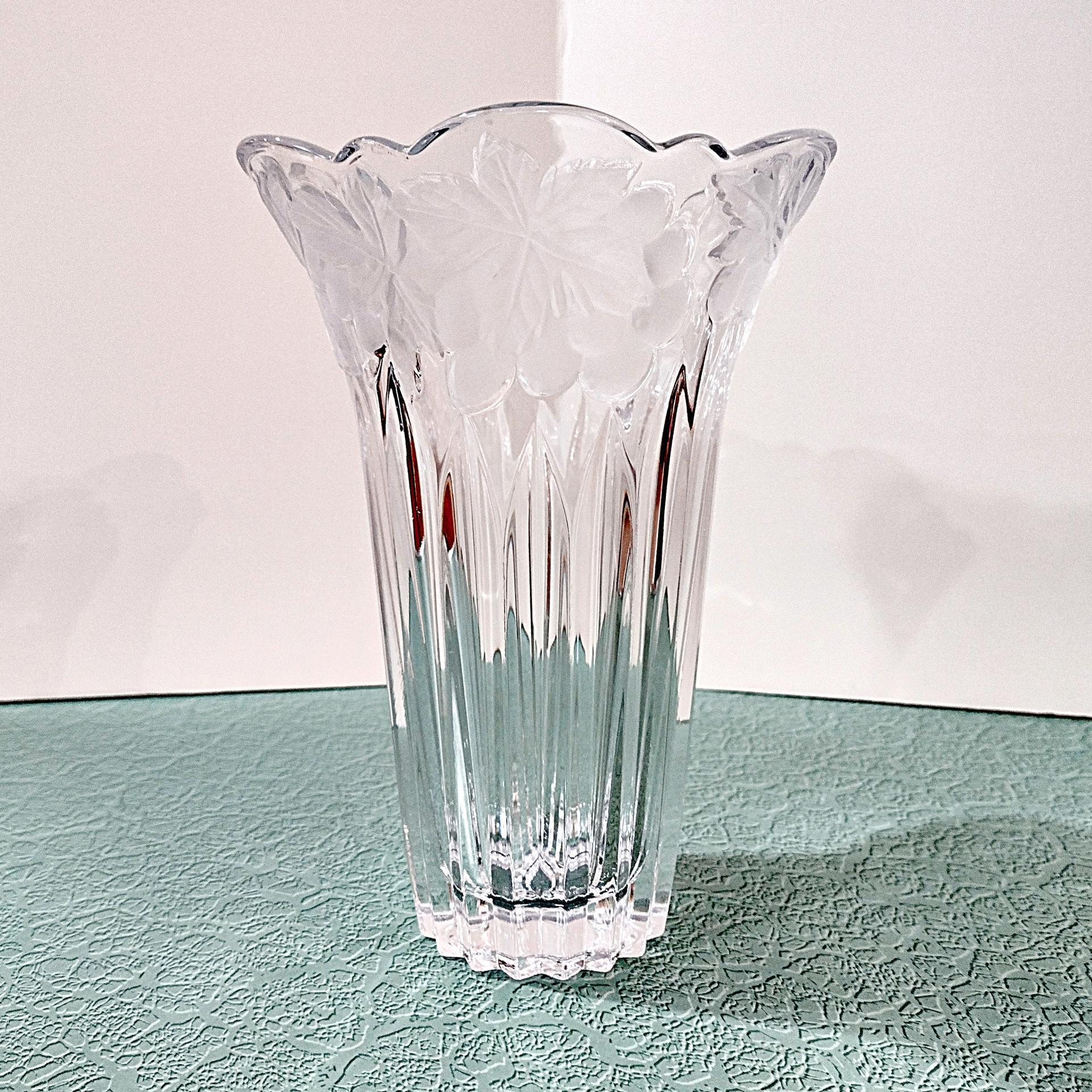 Vintage Crystal 8 Inch Vase With Grapevine Floral Frosted Design