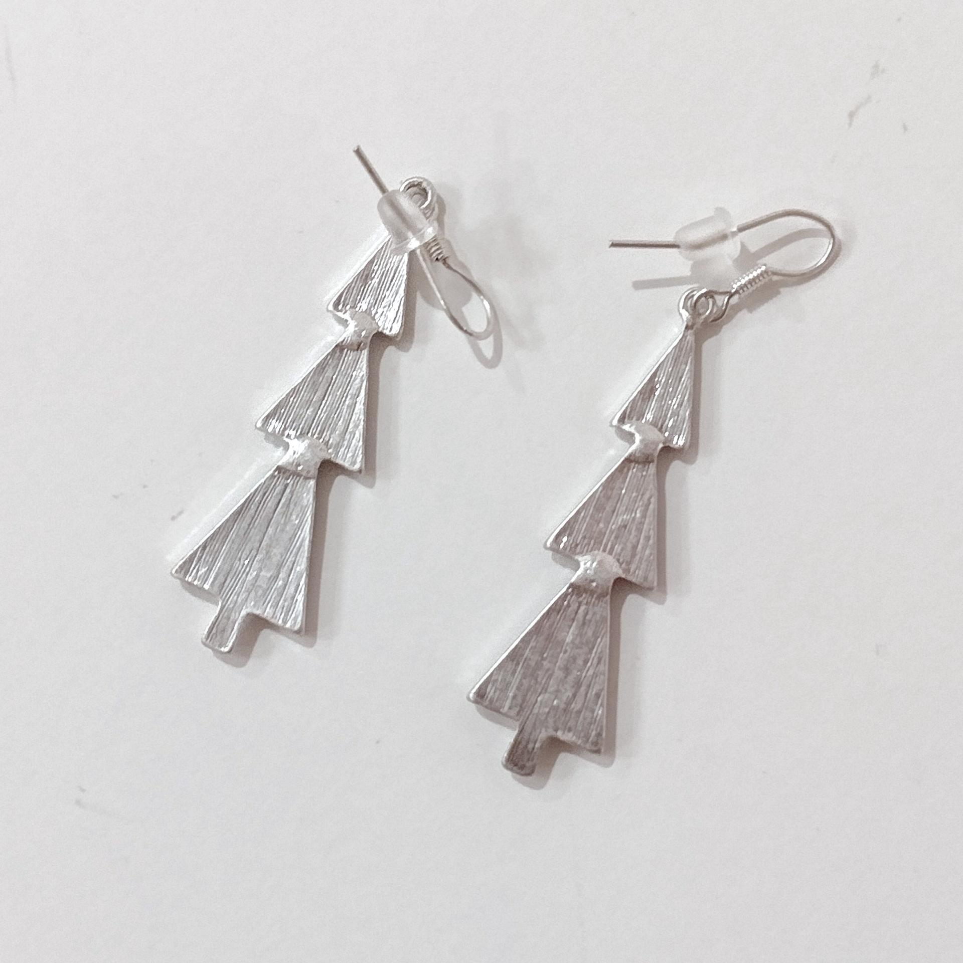 Vintage Green and Silver Enamel Christmas Tree Drop Dangle Earrings, Holiday Jewelry