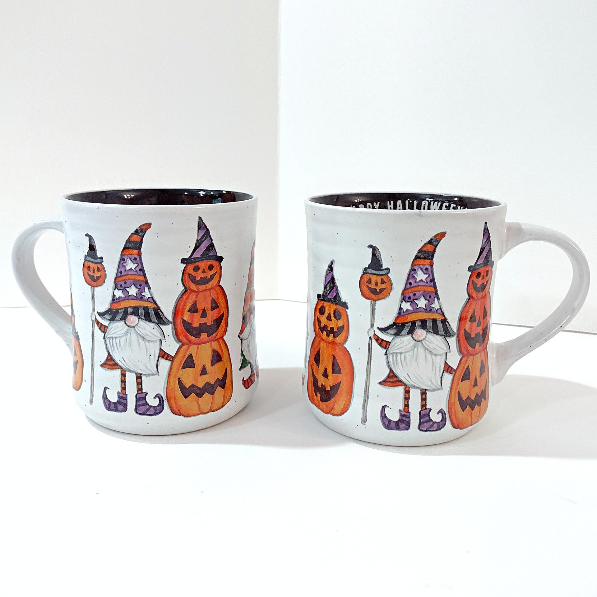 Vintage Halloween Gnome and Pumpkin Ceramic Oversized Coffee Mug, Cobwebs and Cauldrons Halloween Mug