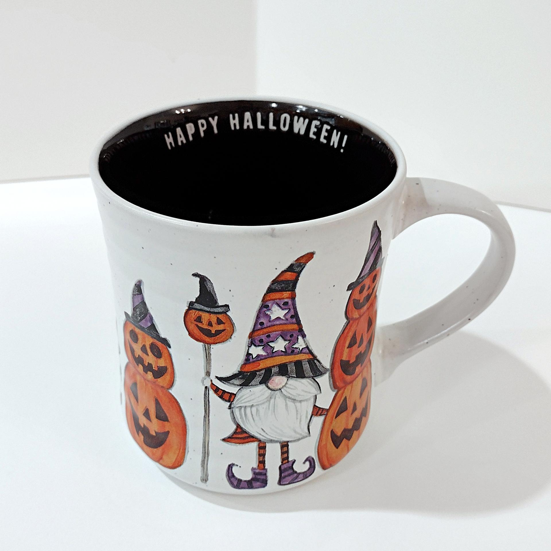 Vintage Halloween Gnome and Pumpkin Ceramic Oversized Coffee Mug, Cobwebs and Cauldrons Halloween Mug