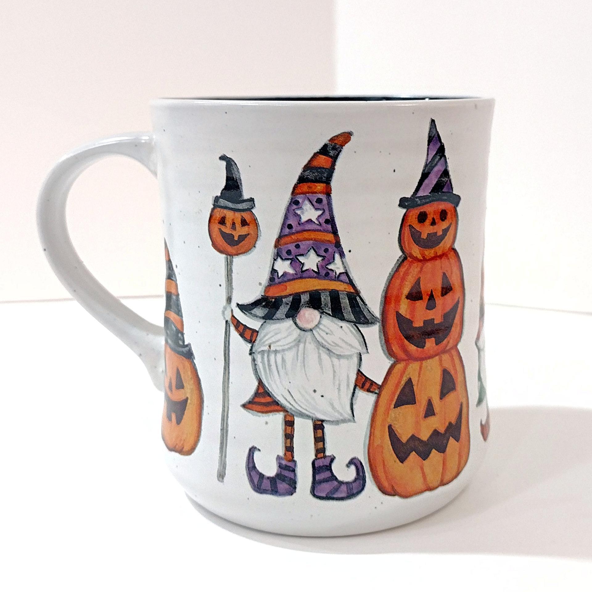 Vintage Halloween Gnome and Pumpkin Ceramic Oversized Coffee Mug, Cobwebs and Cauldrons Halloween Mug