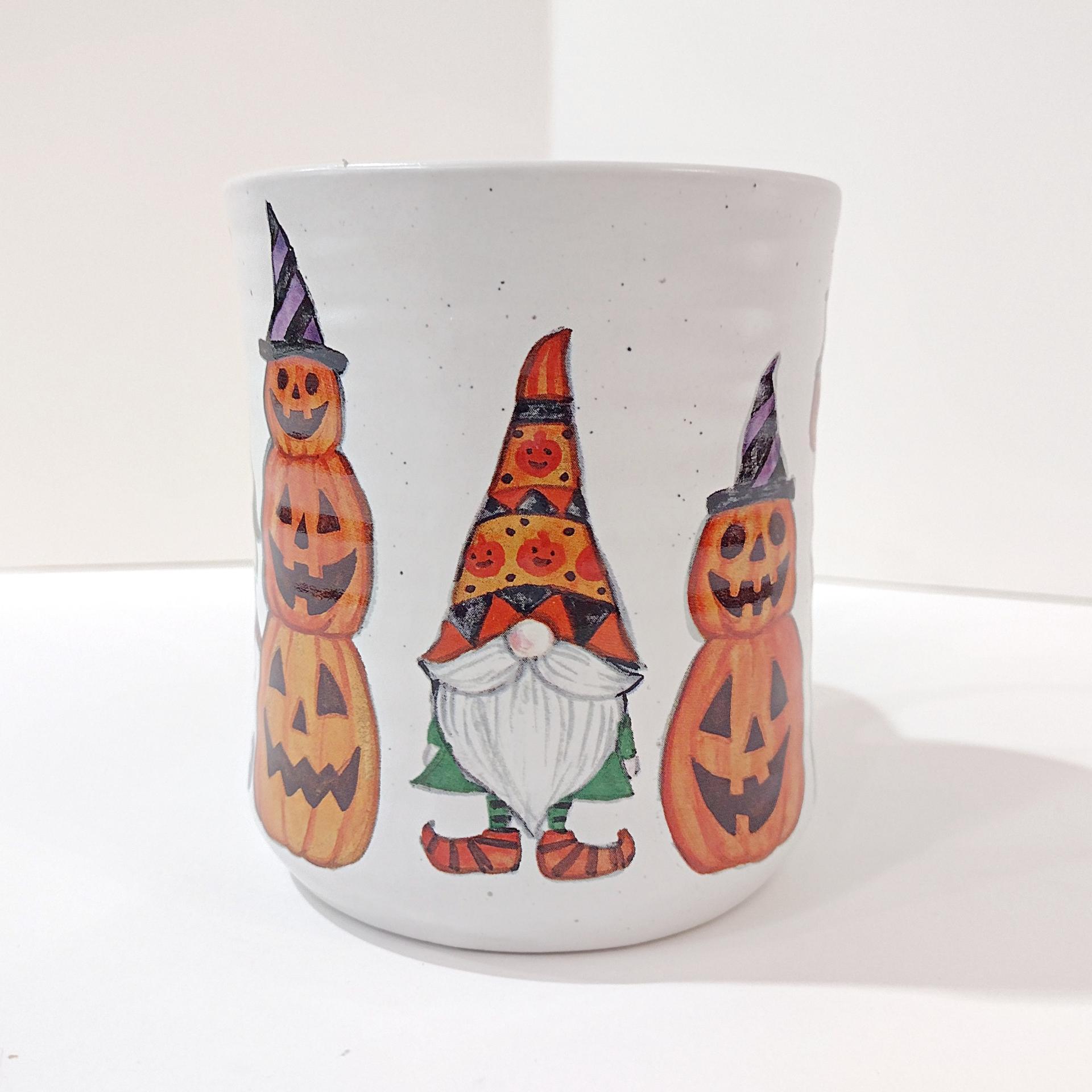 Vintage Halloween Gnome and Pumpkin Ceramic Oversized Coffee Mug, Cobwebs and Cauldrons Halloween Mug